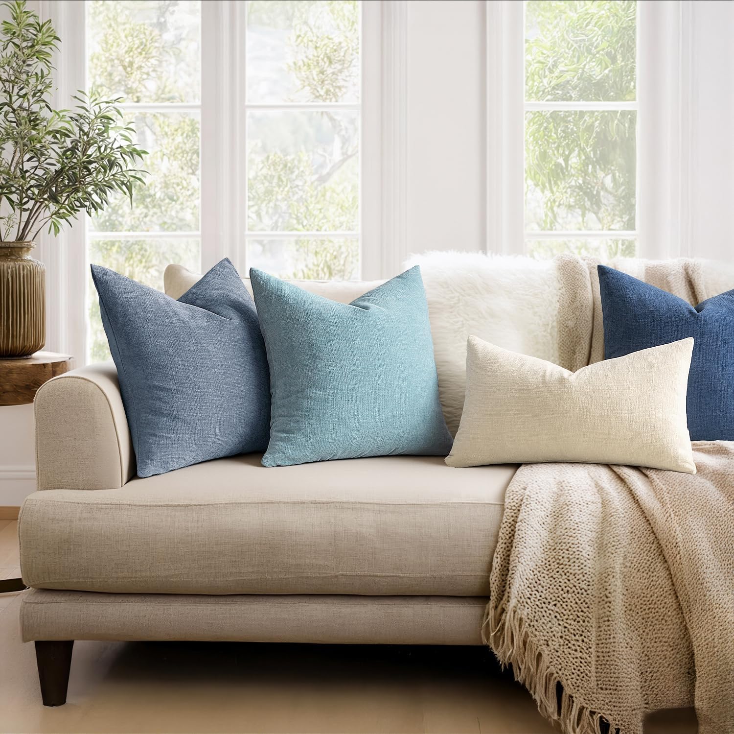 Miulee Smoke Blue Couch Pillow Covers 18x18 Inch, Set of 2 Soft Chenille Decorative Square Throw Pillow Covers Summer Farmhouse for Sofa Li…