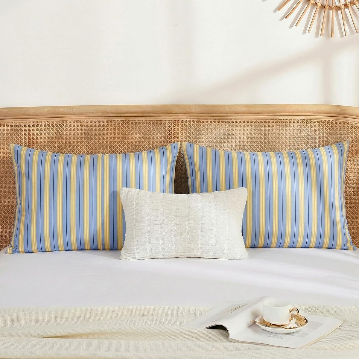 Merryword Blue & Yellow Striped Pillowcases, 100% Cotton Pillow Cases, King Size Pillowcases, Soft Breathable Ribbon Stripe Pillow Covers,…