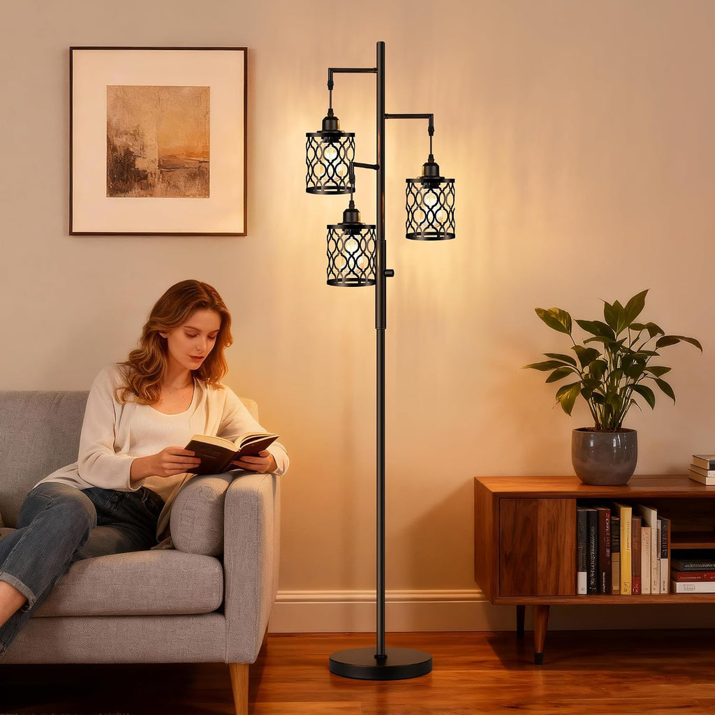 ROTTOGOON Dimmable Farmhouse Floor Lamp, Industrial Floor Lamp for Living Room with 3 X 6W LED Bulbs, 3 Light Rustic Standing Tall Lamp…