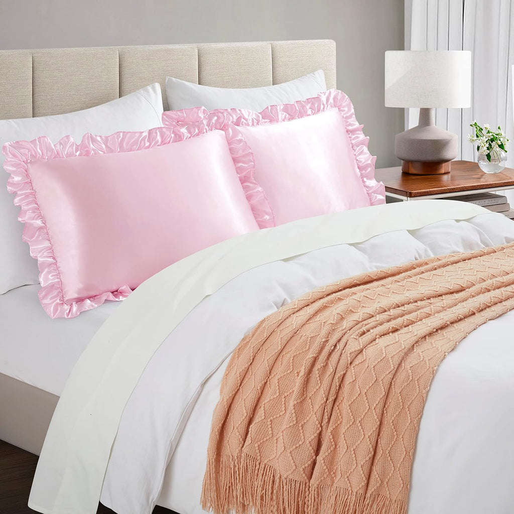 HommxJF Silky Satin Ruffled Pillow Cases for Hair and Skin, Pink Silk Pillowcases Standard Set of 2 with Envelope Closure Princess Room Deco…