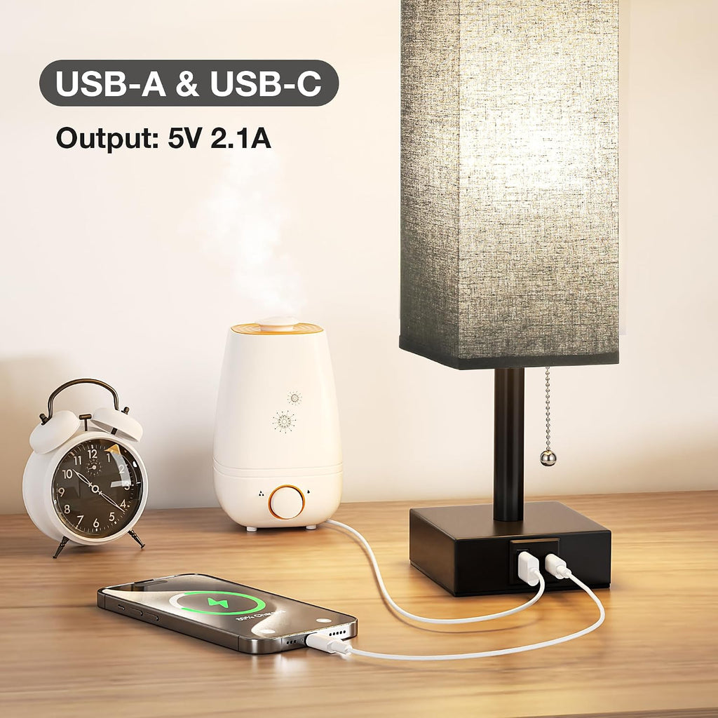 Aooshine Black Small Table Lamp for Bedroom - 3 Color Temperature 3000K 5000K 4000K Bedside Lamp, Pull Chain Control, USB A and C Charging…