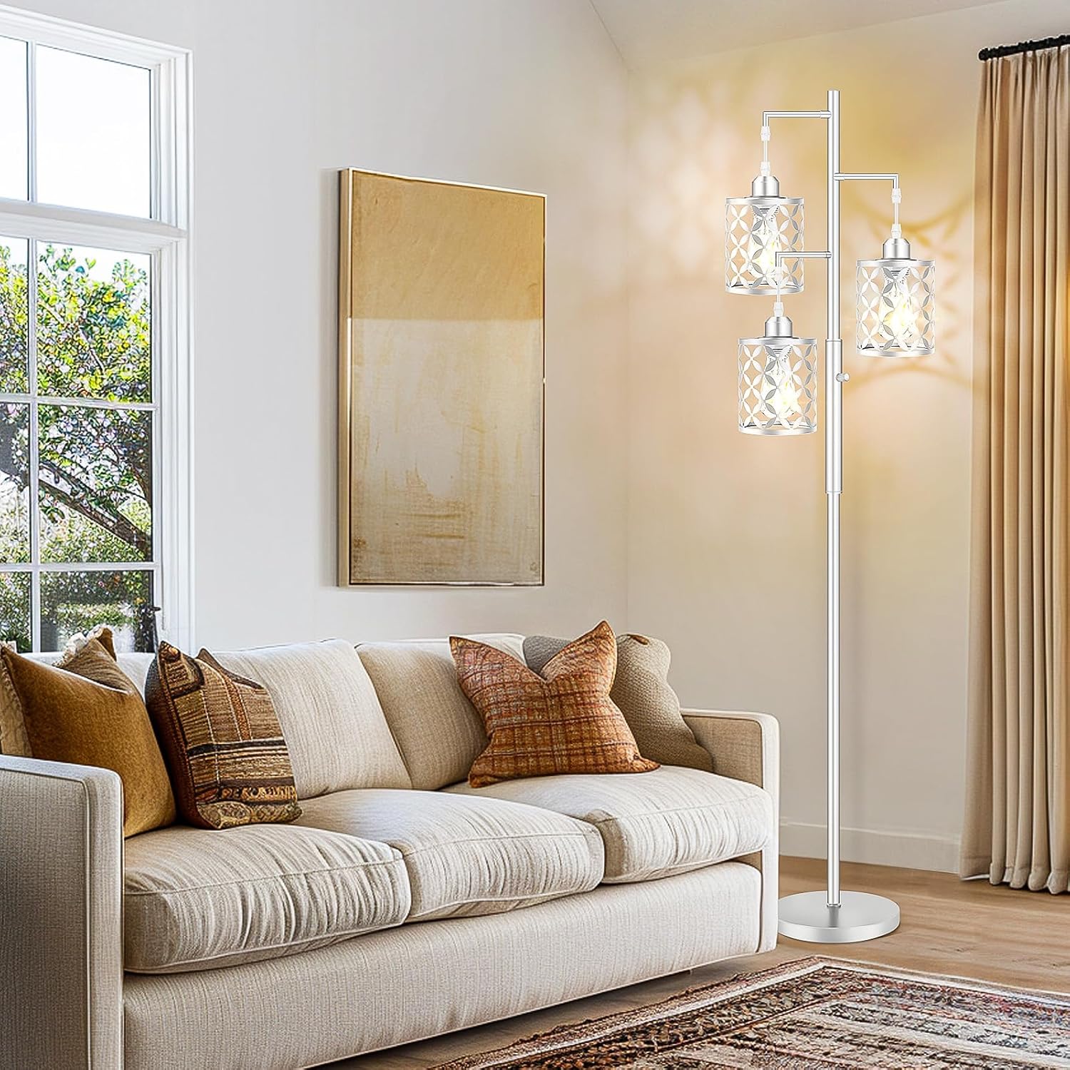 Dimmable Floor Lamp, Farmhouse Standing Lamp with Elegant Metal Cage, Industrial Tall Tree Floor Lamps for Living Room, Bedroom, Study…
