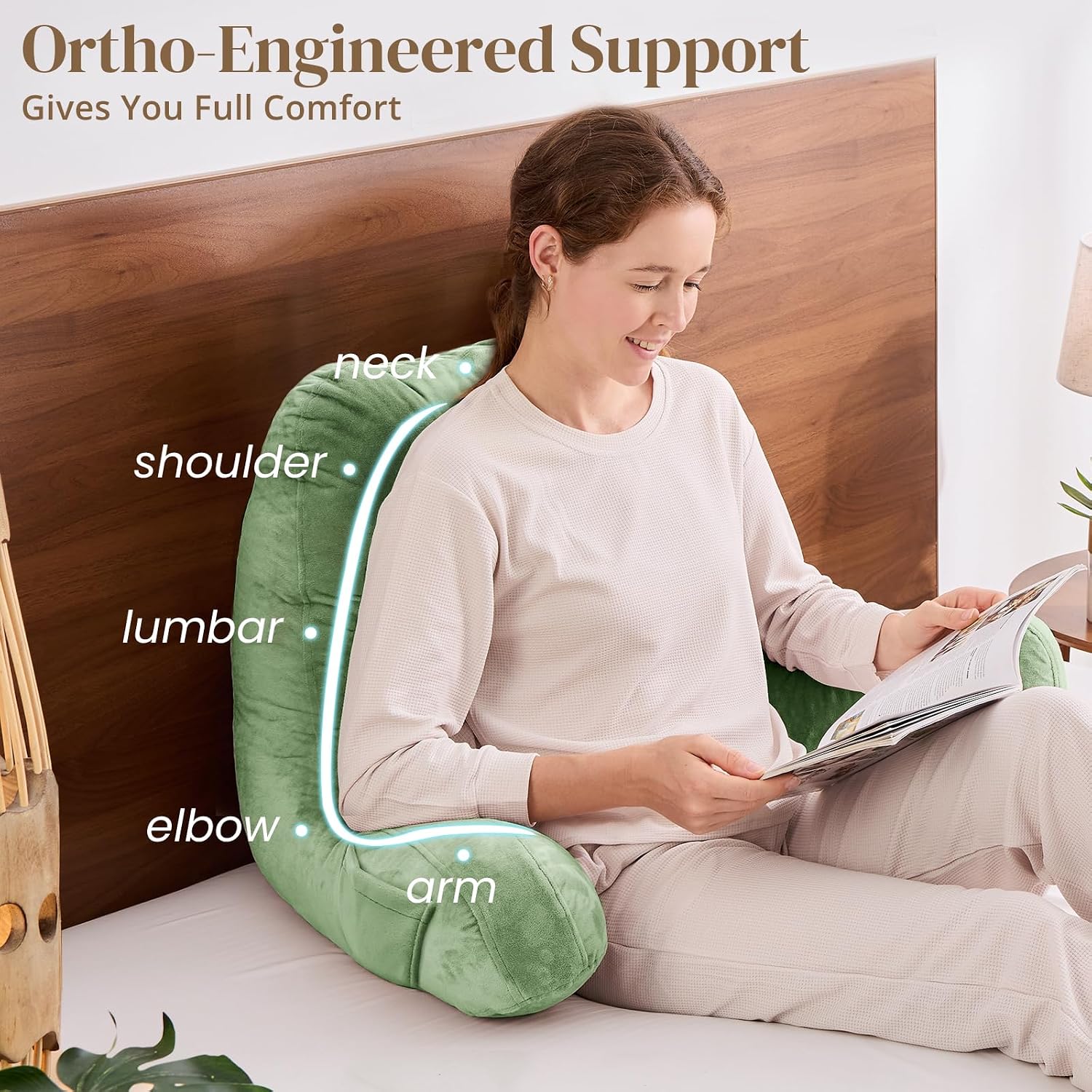 Sasttie Reading Pillow, Pillows for Reading or Relaxing – Ergonomic Support for Head, Neck, Back, and Lumbar, 23-Inch, Sage Green Green