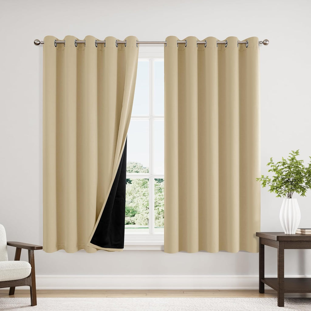 ChrisDowa 100% Blackout Curtains 63 inch Long for Bedroom with Black Liner, Extra Wide 2 Thick Layers Total Blackout Thermal Insulated Grom…