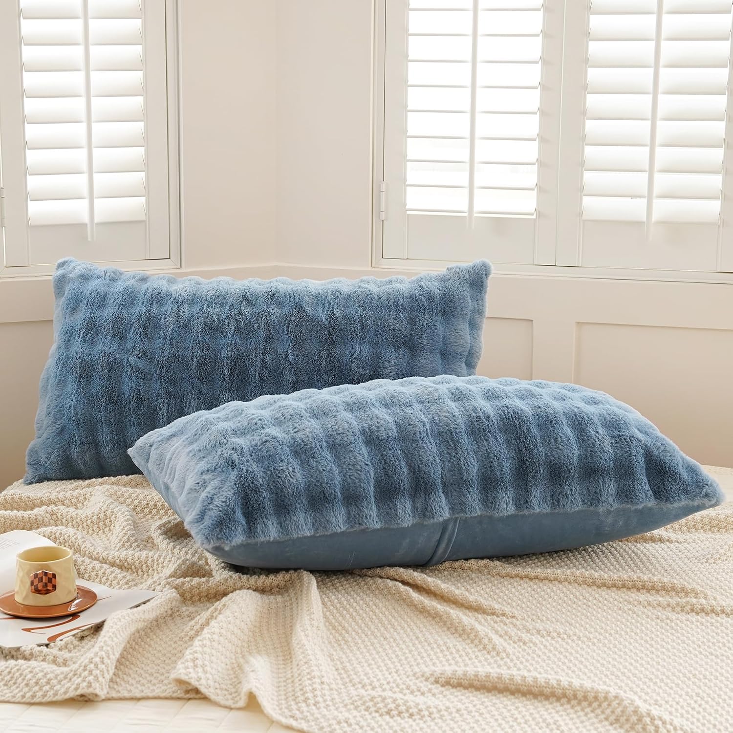 Uhamho Set of 2 Faux Fur Pillowcases, Luxury Bubble Waffle Carved Plush King Size Pillow Shams Soft and Furry, Zipper Closure (Dusty Blue,…