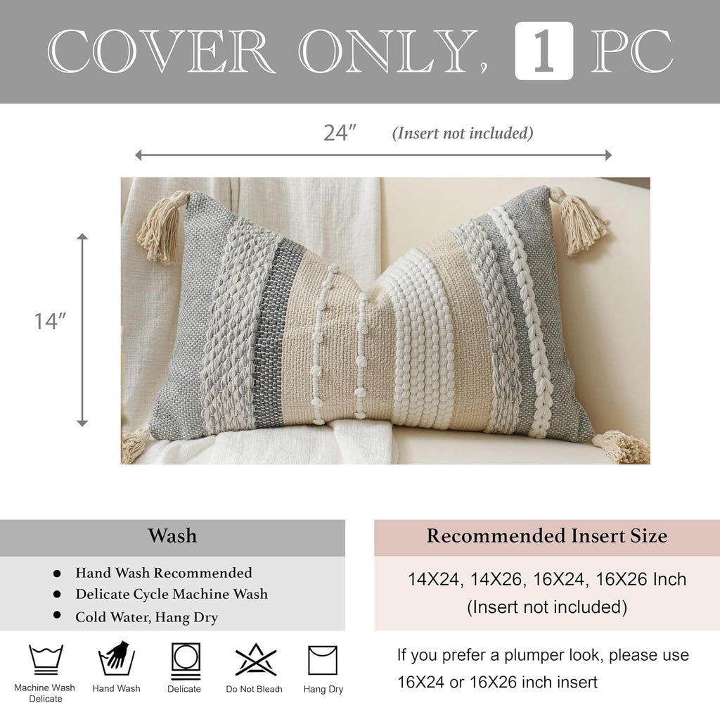 BlissBlush Decorative Lumbar Throw Pillow Cover 14x24 Boho Gray Accent Cushion for Couch Sofa Farmhouse Pillowcase for Bedroom Living…