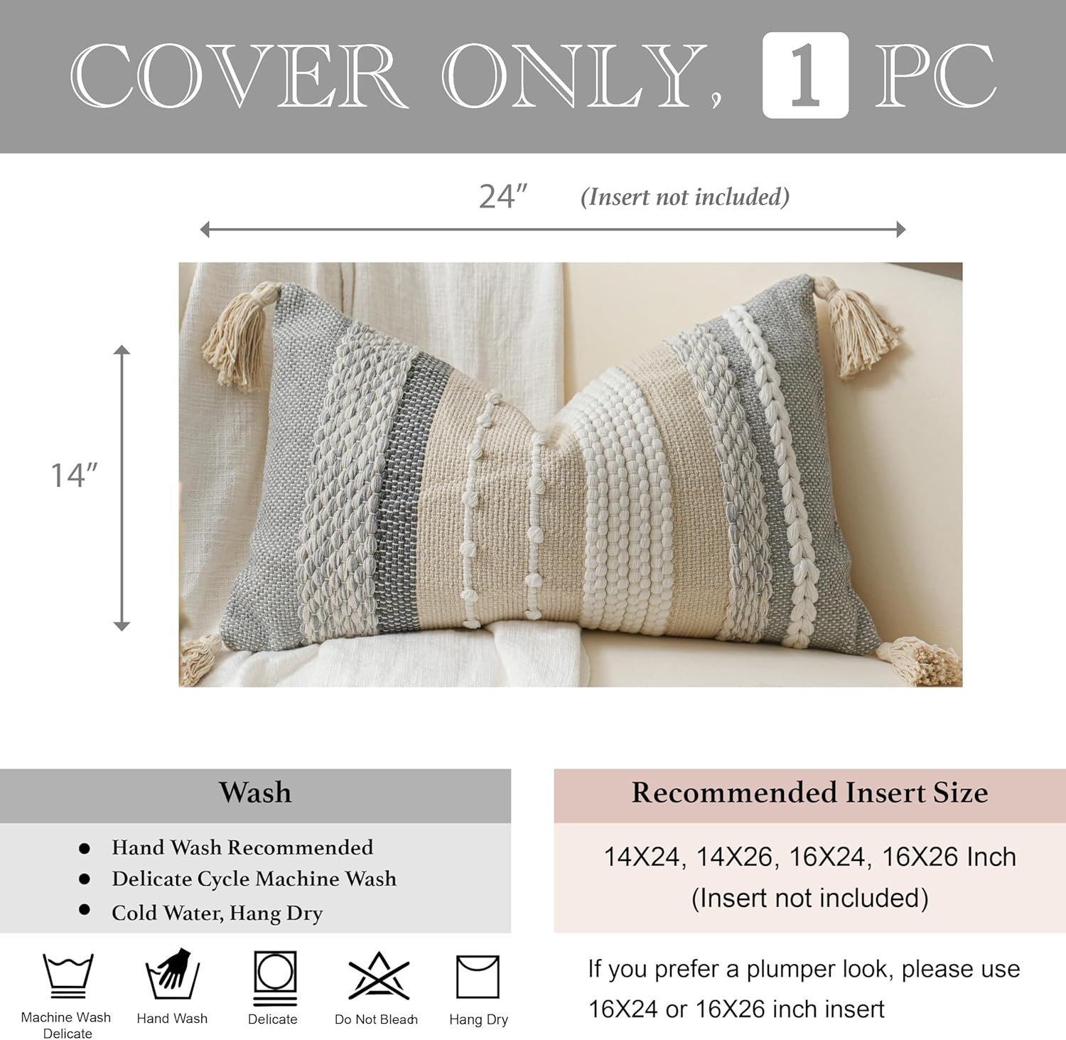 BlissBlush Decorative Lumbar Throw Pillow Cover 14x24 Boho Gray Accent Cushion for Couch Sofa Farmhouse Pillowcase for Bedroom Living…
