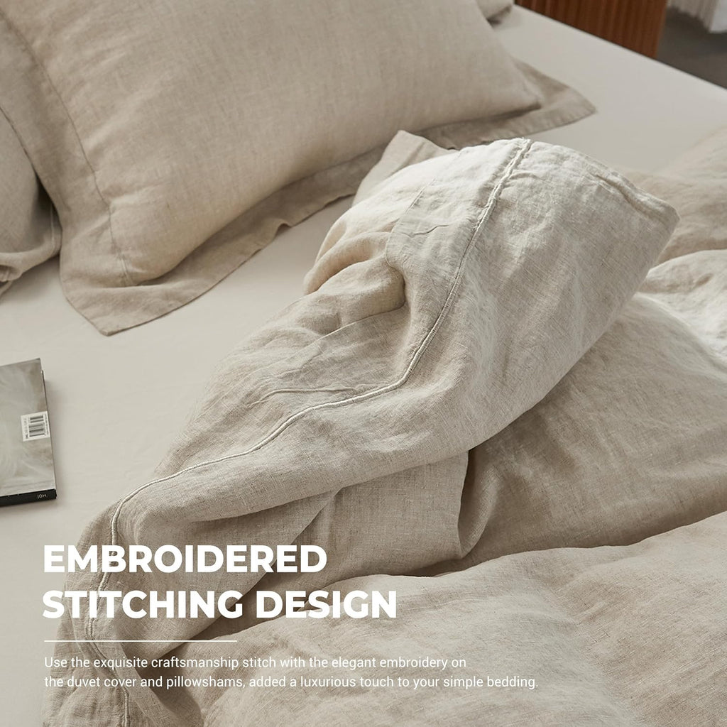 Simple&Opulence 100% Washed Linen Duvet Cover with Embroidered,3 Pieces Soft Farmhouse Comforter Set with Button Closure,1 D…