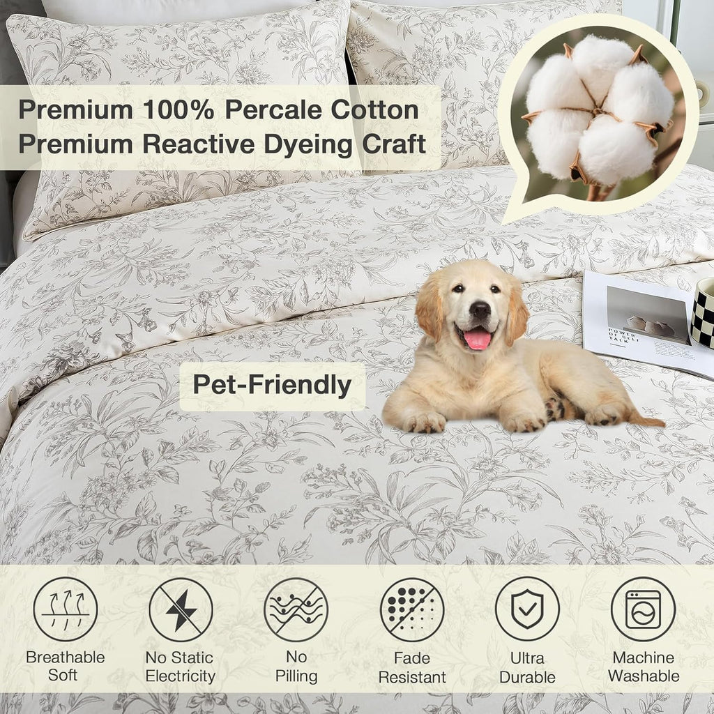 Puralens Vintage Floral Beige Duvet Cover King 100% Cotton, Shabby Flower Patterned Chic Soft Percale Comforter Cover Set, Cute Cottage Rev…