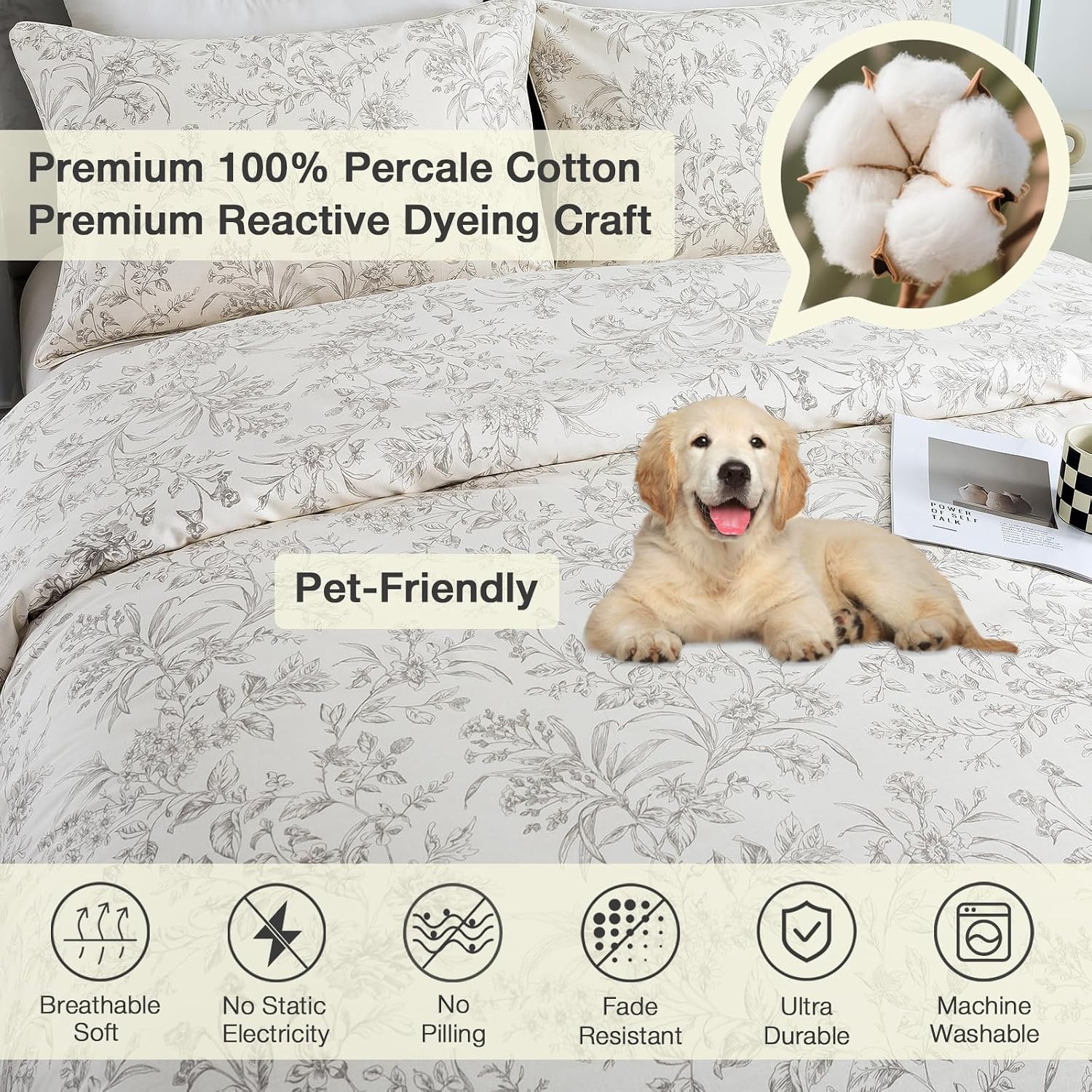 Puralens Vintage Floral Beige Duvet Cover King 100% Cotton, Shabby Flower Patterned Chic Soft Percale Comforter Cover Set, Cute Cottage Rev…