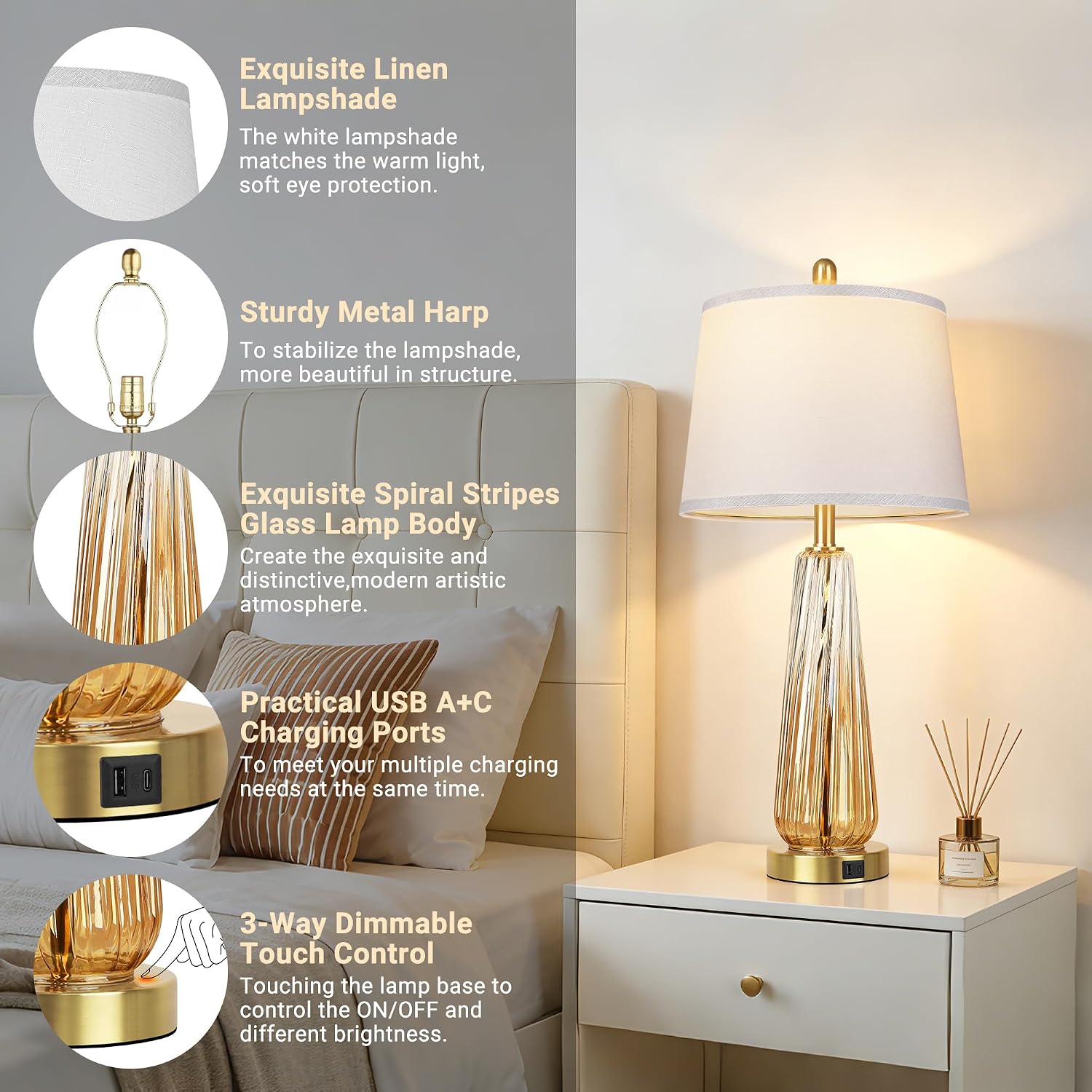 Glass Table Lamps Set of 2, Modern Bedside Lamps for Bedrooms with 3-Way Dimmable Touch Control Nightstand Lamp with White Lampshade USB…