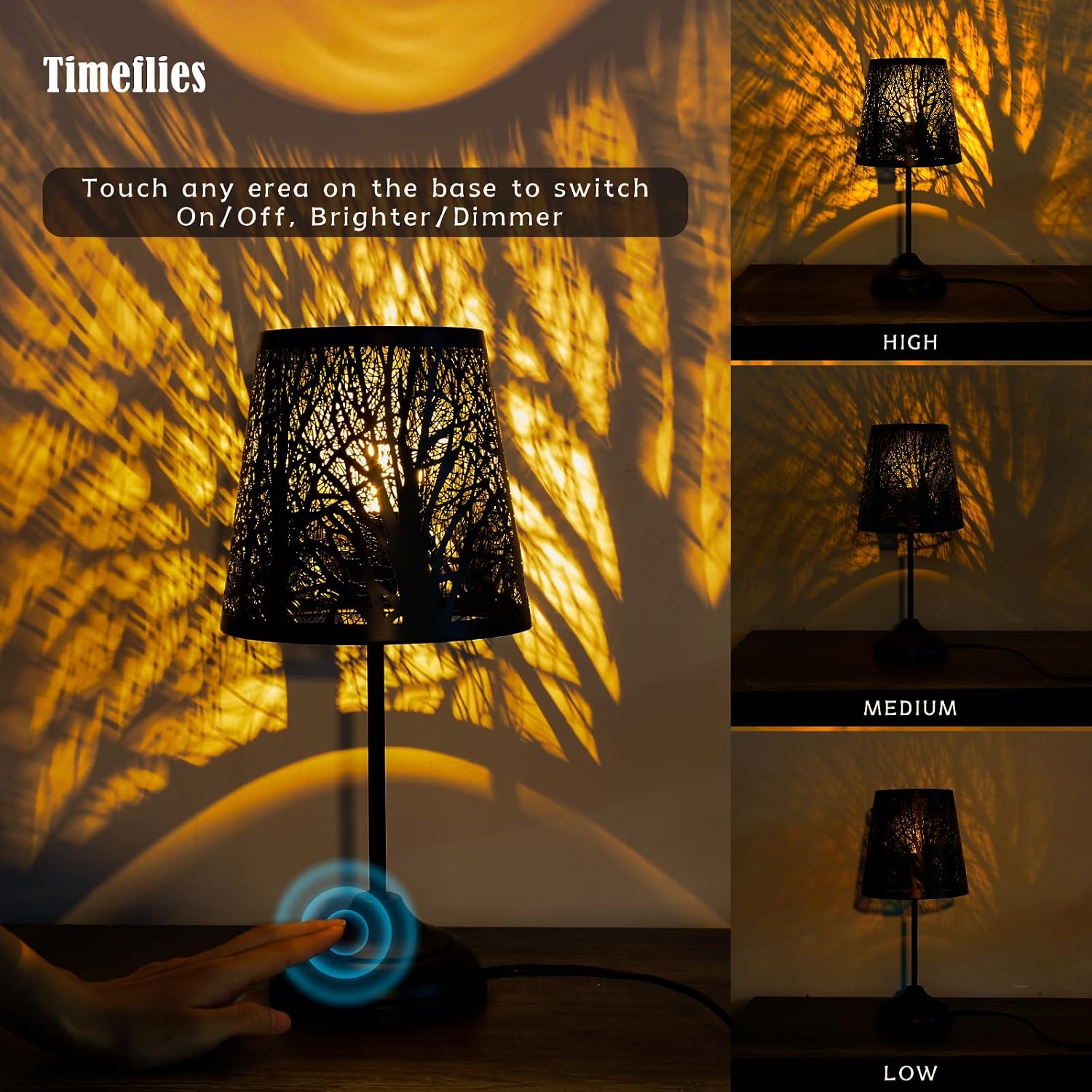 3 Level Dimmable Touch Table Lamp, Black Metal Tree Pattern Shadow Lamp, Small Bedside Night Light for Kids, Vintage Accent Decor Lamp…