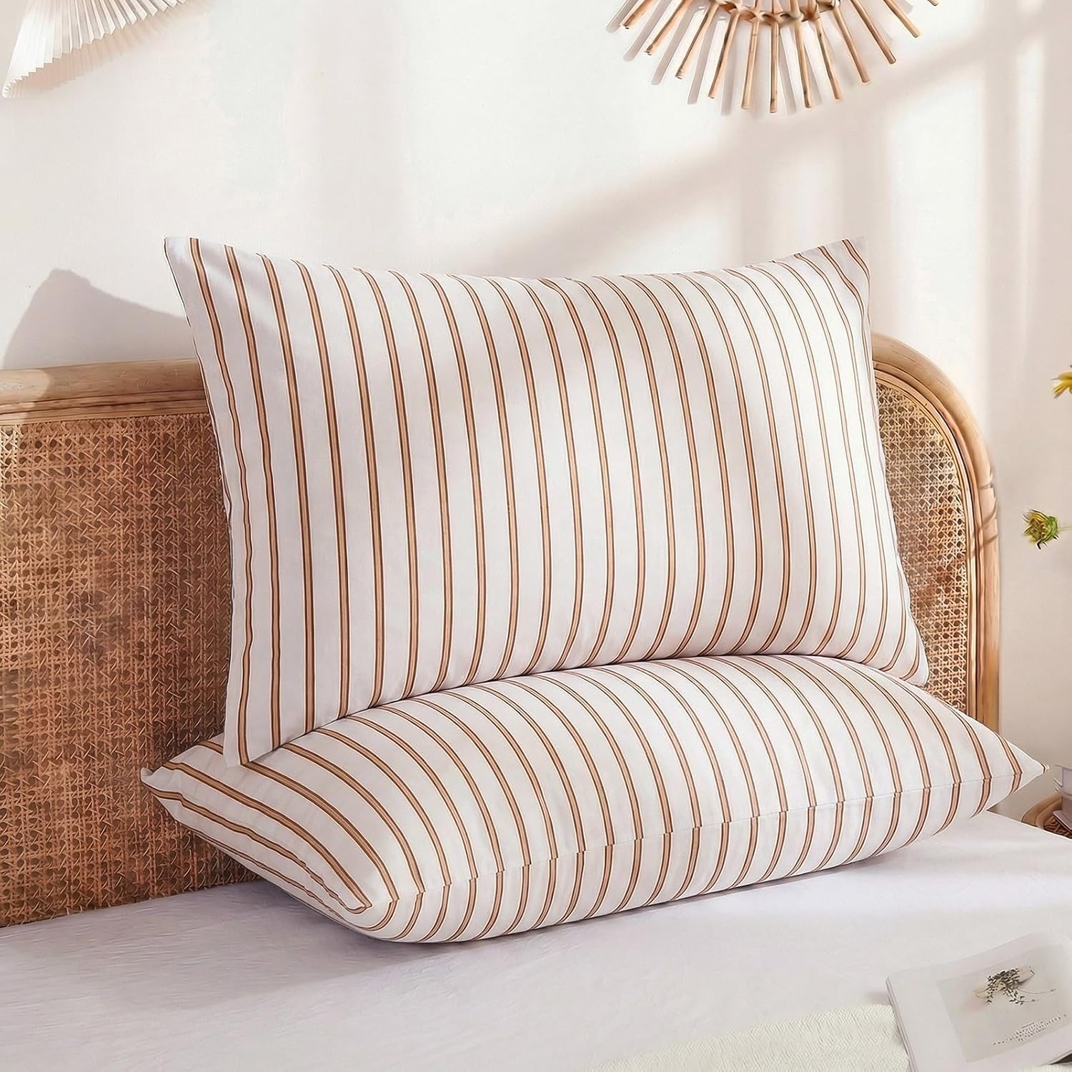 Merryword 100% Cotton Pillow Cases, Queen Size Pillowcases, Beige and Terracotta Striped Pillowcases, Soft Breathable Engineered Stripes Pi…