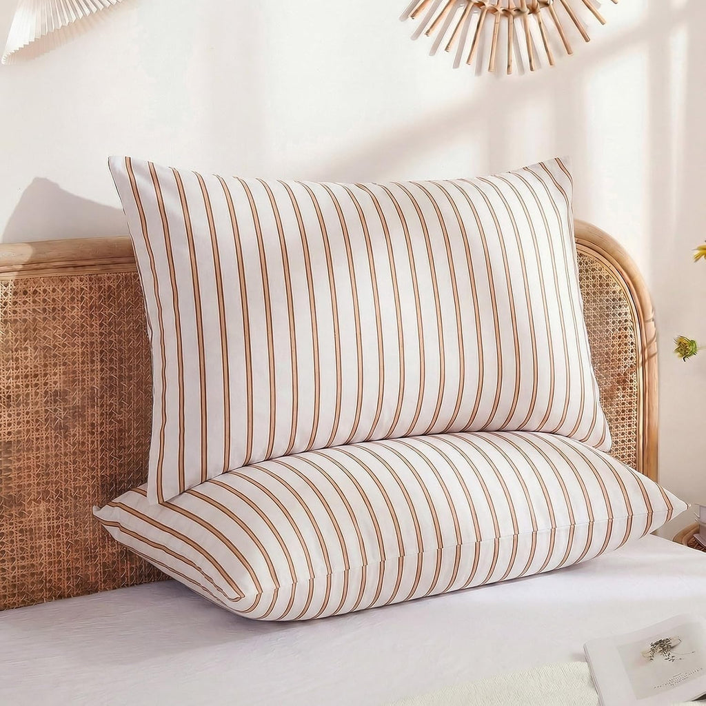 Merryword 100% Cotton Pillow Cases, King Size Pillowcases, Beige and Terracotta Striped Pillowcases, Soft Breathable Engineered Stripes Pil…