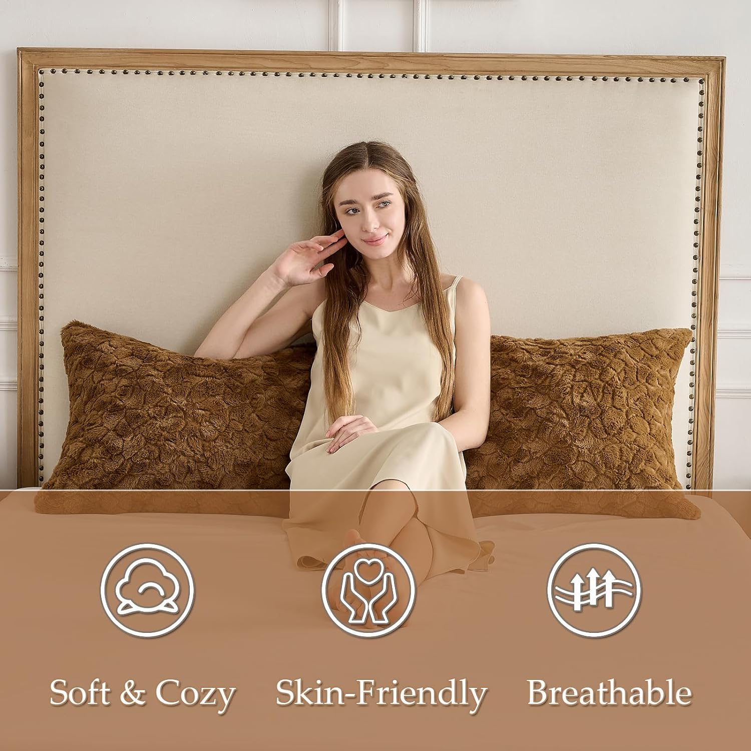 HKMR Fluffy Faux Rabbit Fur Body Pillow, Memory Foam Pregnancy Pillow for Side Sleep Body Pillow,20x54 Long Pillow for Adults-Brown 2…