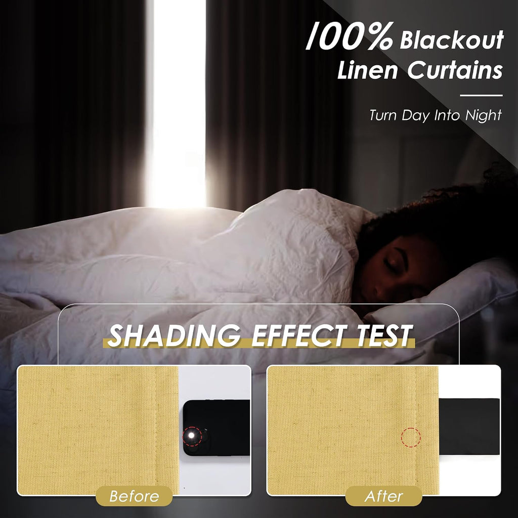 Nanspring Gold Yellow 100% Blackout Linen Curtains 96 Inches Long for Bedroom Back Tab Thermal Insulated Modern Farmhouse Decor Black Out C…