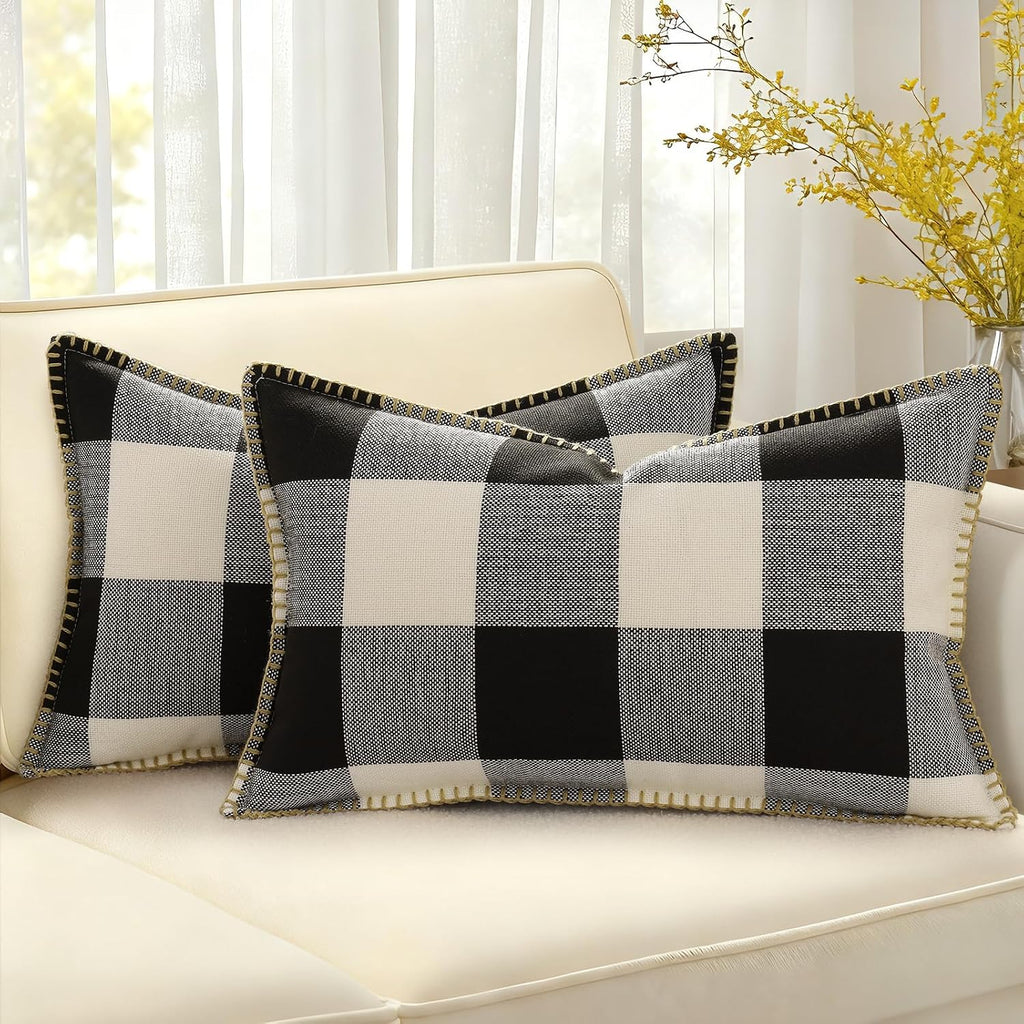 decorUhome Summer Buffalo Plaid Check Throw Pillow Covers 12x20 Set of 2 Outdoor Lumbar Linen Decorative Farmhouse Gingham Pillow Covers wi…