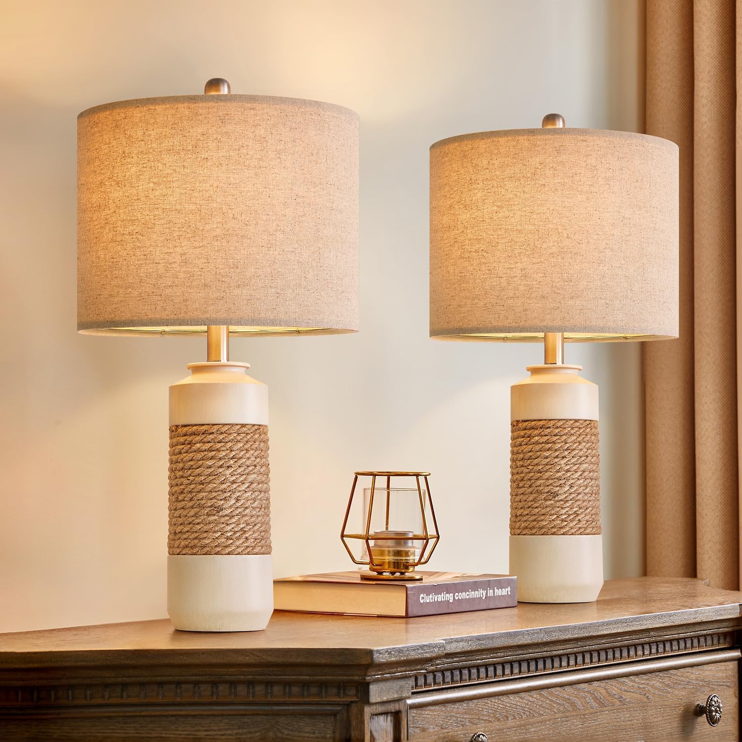 OYEARS 23.75" Bedside Table Lamps Set of 2 for Sleeping and Reading, Vintage Farmhouse Rattan Table Lamp Antique White Resin Lamp for…