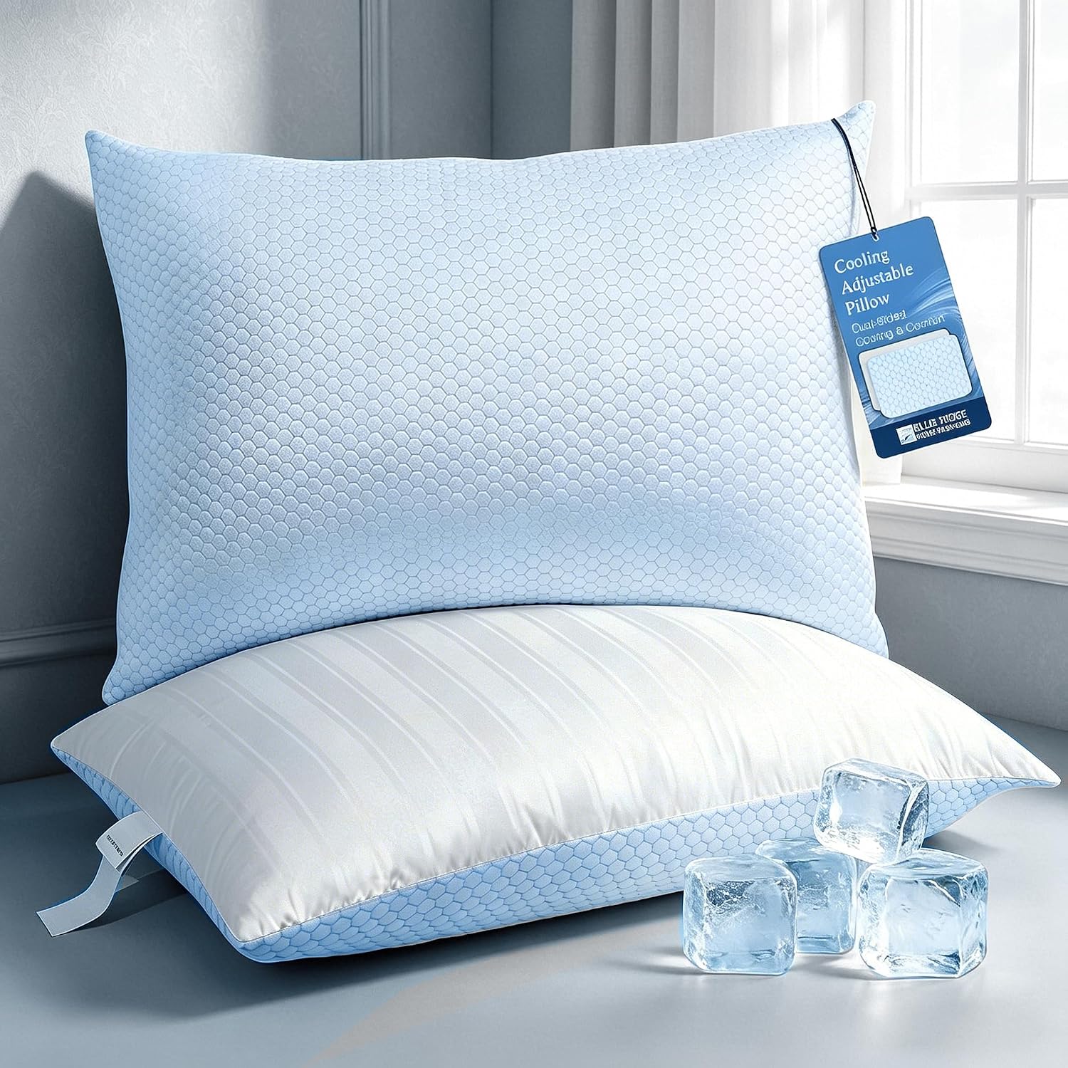Blue Ridge Home Fashions Luxury Hotel Quality Cooling Pillows Queen Size Set of 2, Soft Medium 500 Thread Count Damask Stripe Embroidered 1…