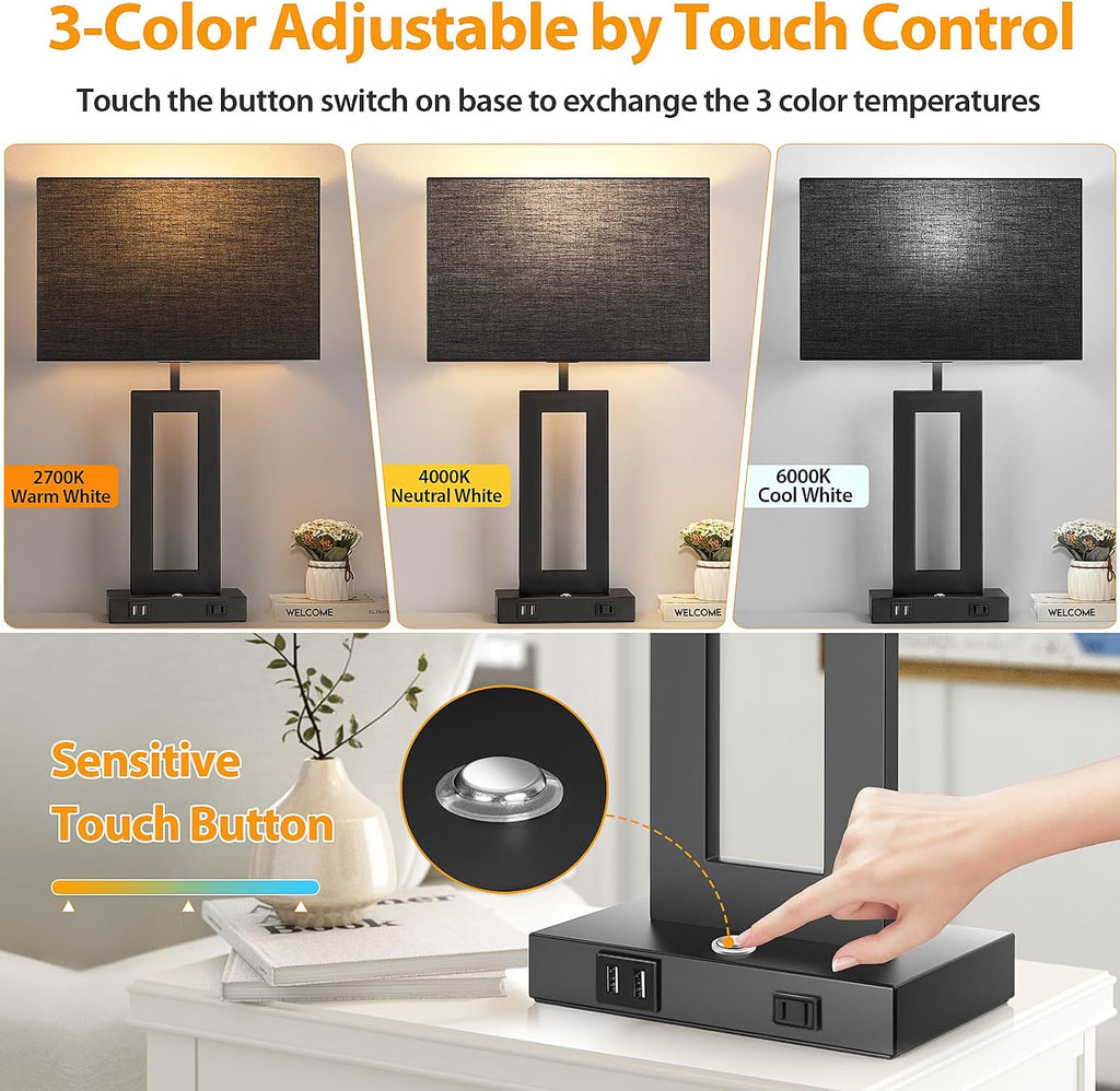 27.2’’ Tall Black Table Lamps for Living Room Bedroom, Bedside Touch Control Lamps with 2 USB Ports&AC Outlet, 3 Color Temp.&Stepless…