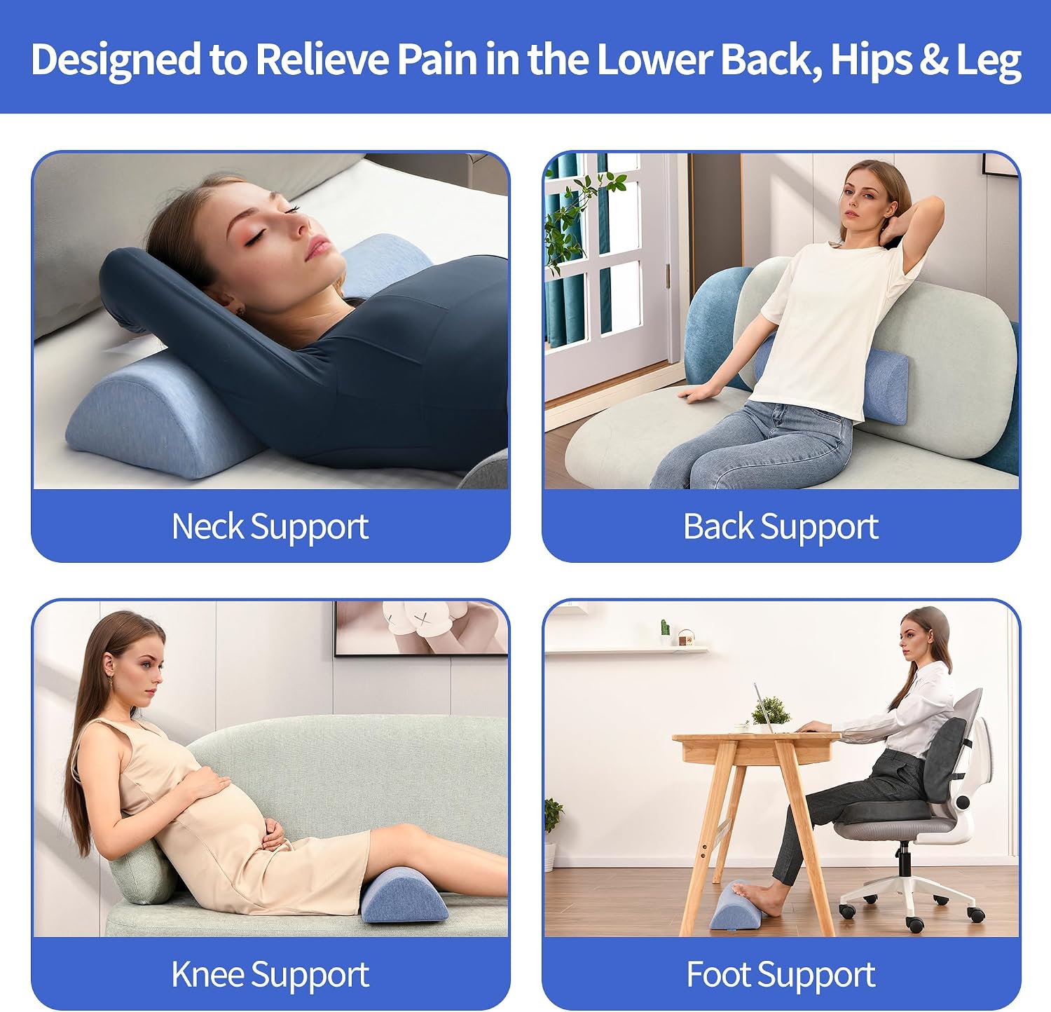 Zickskt Knee Pillow for Back Sleeping, Memory Foam Leg Pillow for Back Pain, Under Leg Support for Sleeping, Half Moon Bolster Pillow Blue