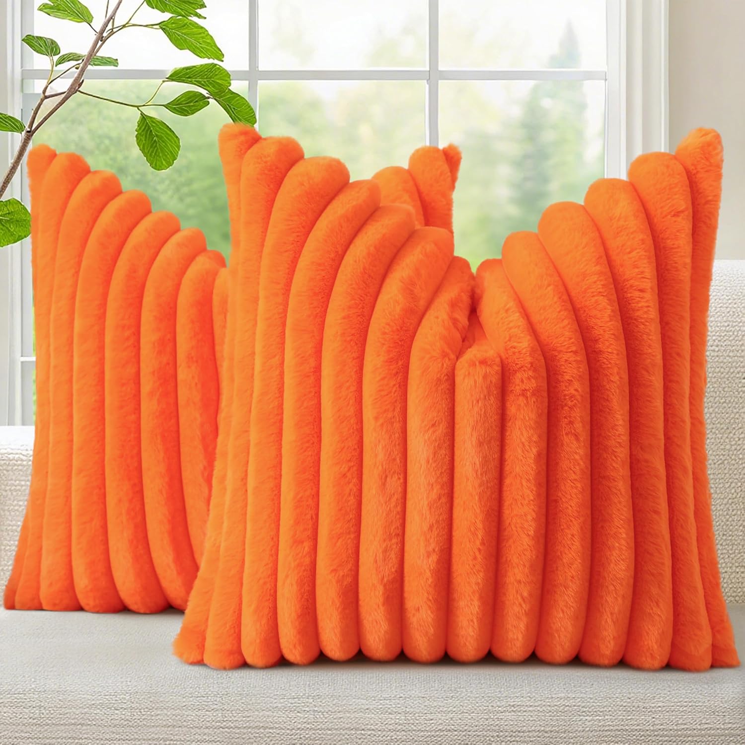 decorUhome Summer Cozy Faux Fur Throw Pillow Covers 18x18 Set of 2 Decorative Soft Plush Striped Modern Farmhouse Boho Couch Pillow Cases w…