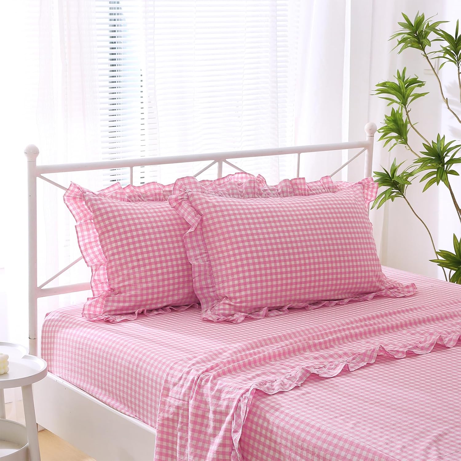 2 Pack Pink White Plaid Ruffle Gingham Standard Pillow Covers, 100% Washed Cotton Checkered Girly Bed Pillow Shams - 20"x26"
