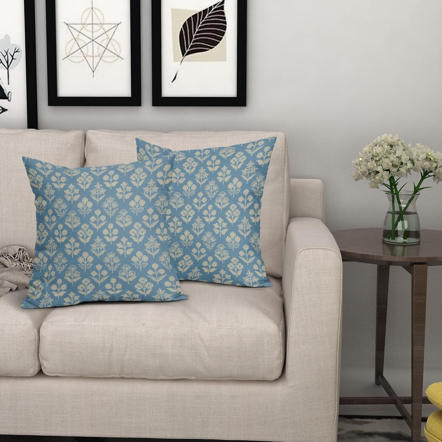 Light Blue Floral Block Print Pillow Covers 20x20 Inch Set of 2, Vintage Flower Pattern Decorative Throw Pillowcases Outdoor Farmhouse…