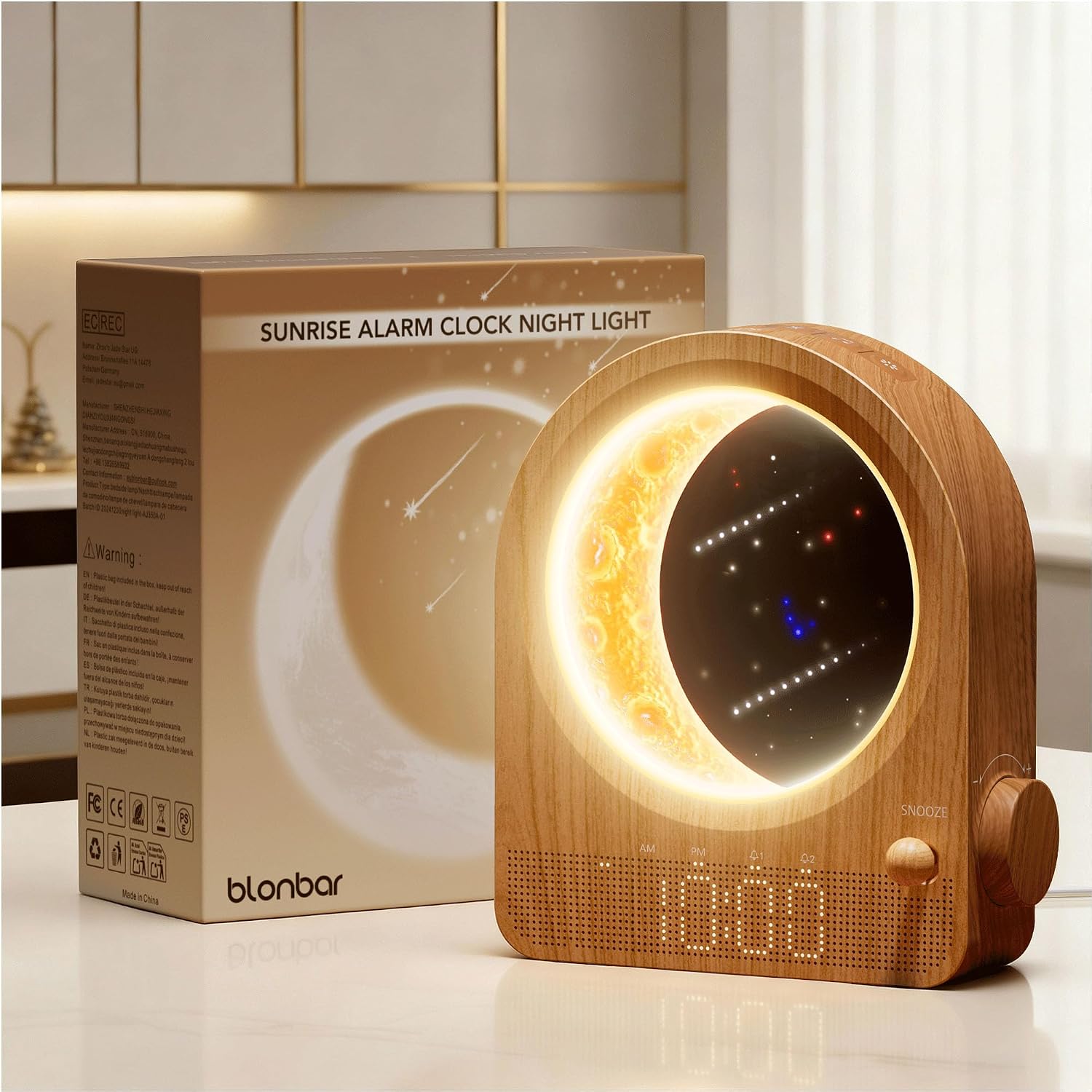 blonbar Sunrise Alarm Clocks with Dimmable Moon Lamp, 2 Alarm Clocks with 12Levels Volume for Heavy Sleepers, 10 Natural Sounds with 30/60/…