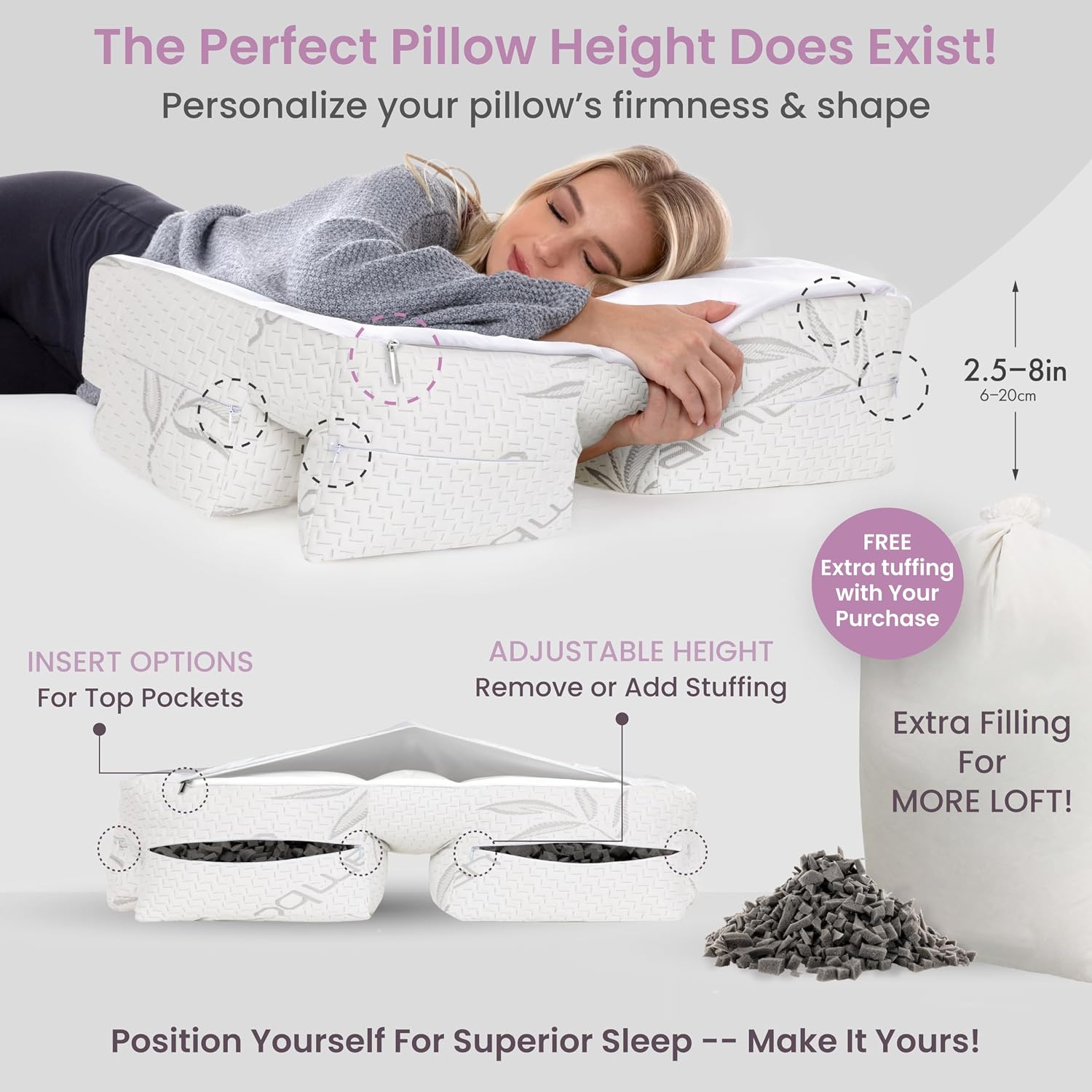 Wife Pillow - Charcoal Memory Foam, 1 LBS Extra Bag of Stuffing, Shredded Charcoal Infused Blended with Siliconized Fiberfill. Customize…
