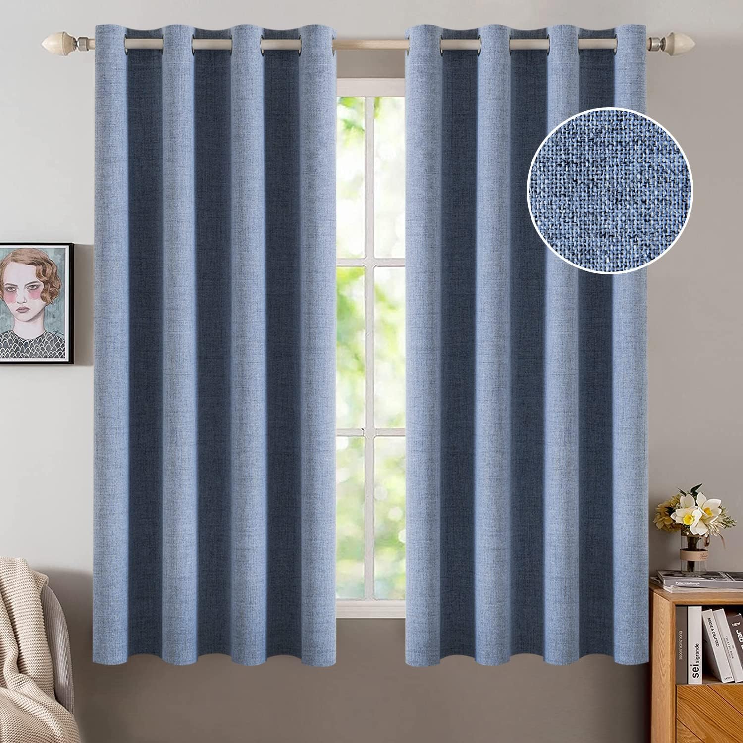 Miulee Linen Texture Curtains for Bedroom Solid 100% Blackout Thermal Insulated Stone Blue Curtains Grommet Room Darkening Drapes Luxury De…