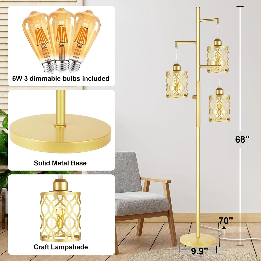 ROTTOGOON 68" Gold Floor Lamp, Dimmable Industrial Floor Lamps for Living Room, 3 Light Rustic Standing Tall Lamp Including 3 PCS 6W E26…