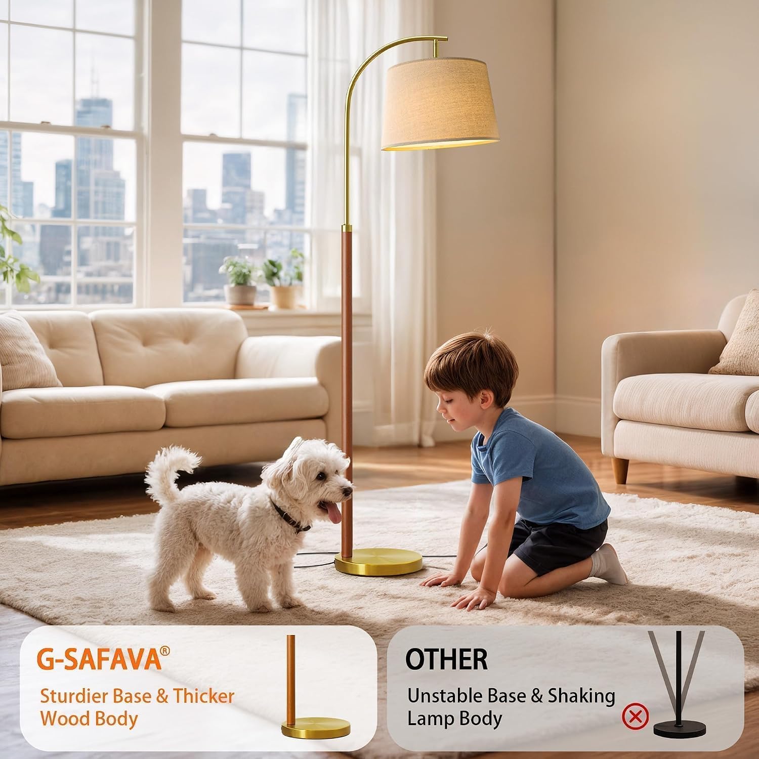G-SAFAVA Real Wood Floor Lamps for Living Room Bedroom, 62.5" Mid Century Modern Lamp Gold Standing Tall Arc Lamps with Foot Switch…