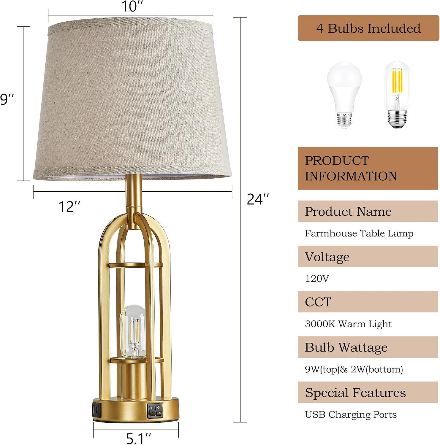 SRJJA Gold Table Lamps for Living Room Set of 2 - Modern Farmhouse Bedside Lamps for Bedroom Night Stands with Nightlight and USB A+C…