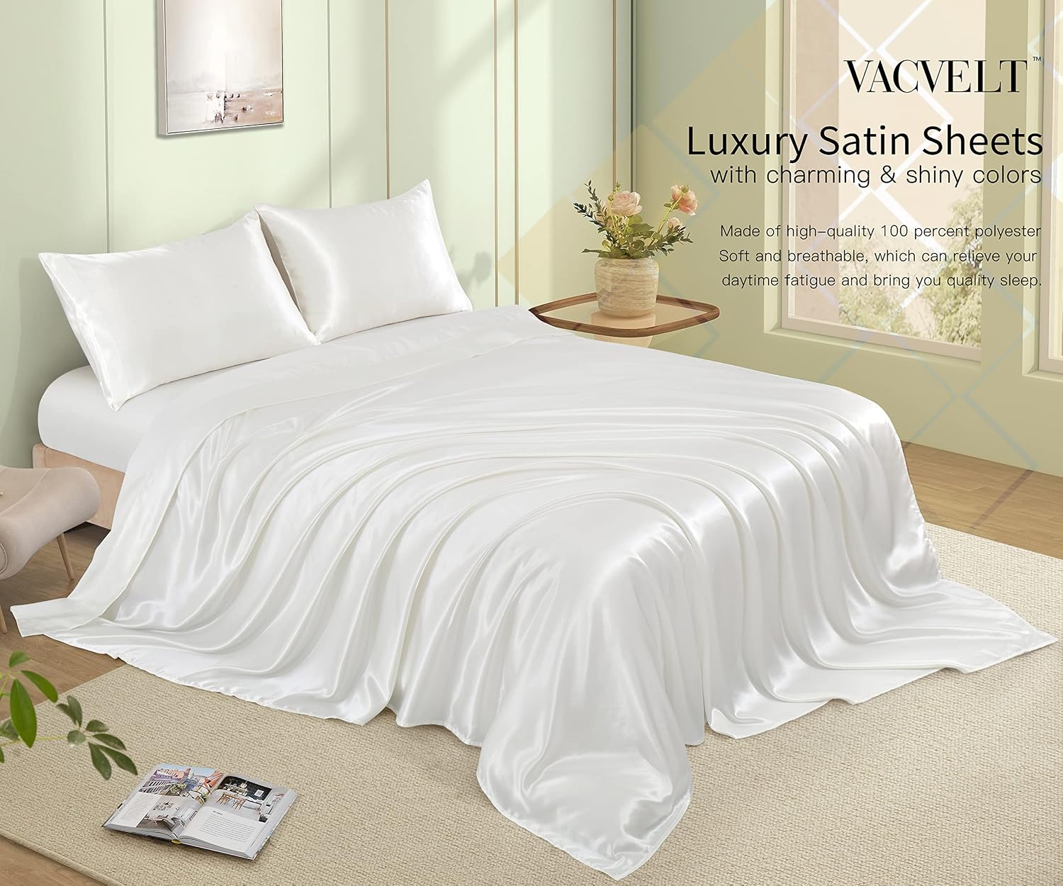 VACVELT 4pcs Ivory White Satin Sheets Full Size Bed Set, 15 Inch Deep Pocket Silky Satin Sheet Set, Soft Satin Bedding Set Cooling &…