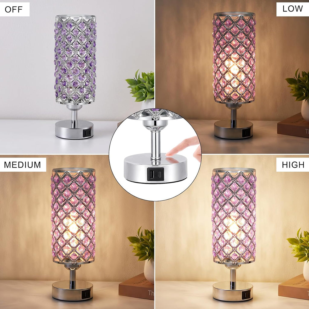 Hong-in Purple Lamp for Girls Room-Crystal Touch Lamp with USB-C+A Ports,3 Way Dimmable Bedside Light with Crystal Shade for Bedroom Home…