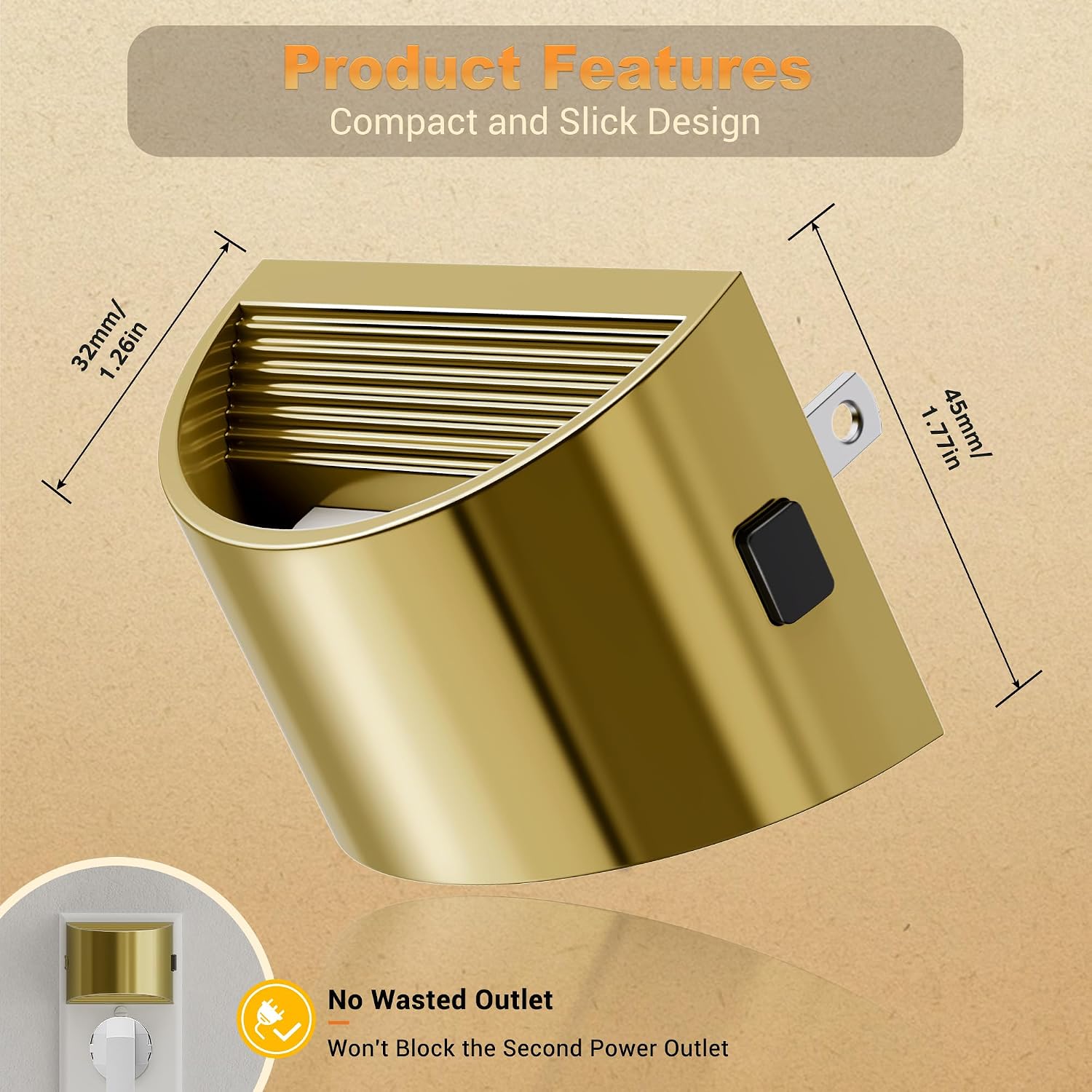 JandCase LED Night Lights Plug into Wall, 2 Pack Gold Modern Night Lights, Dusk to Dawn Sensor Nightlight,0-100LM Brightness Adjustable…
