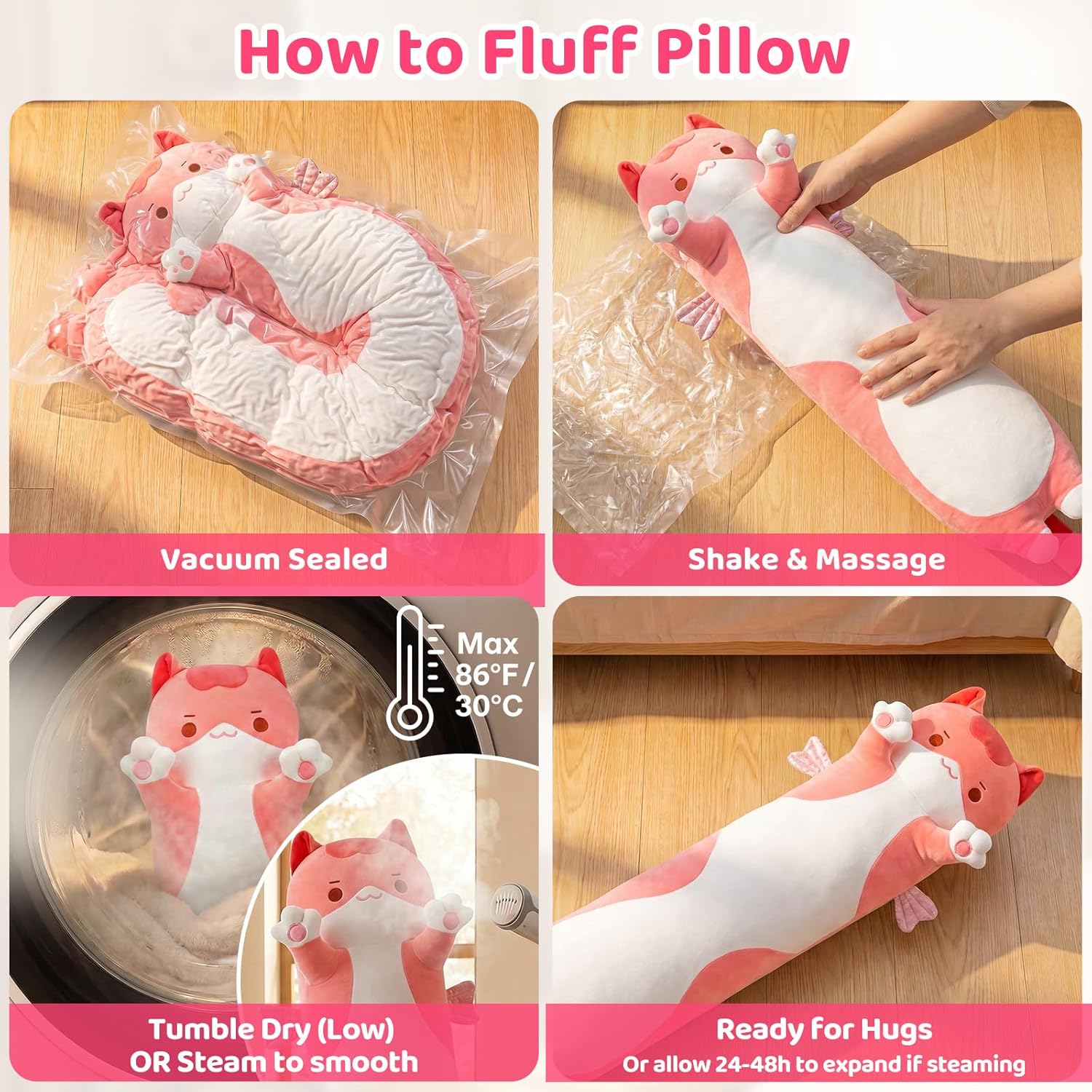 Mewaii Long Cat Plush 5 Sizes, 120% Extra Filling Giant Plushness Kids Body Pillow, Kawaii Cute Pink Cat Stuffed Animals Plushies, Big…