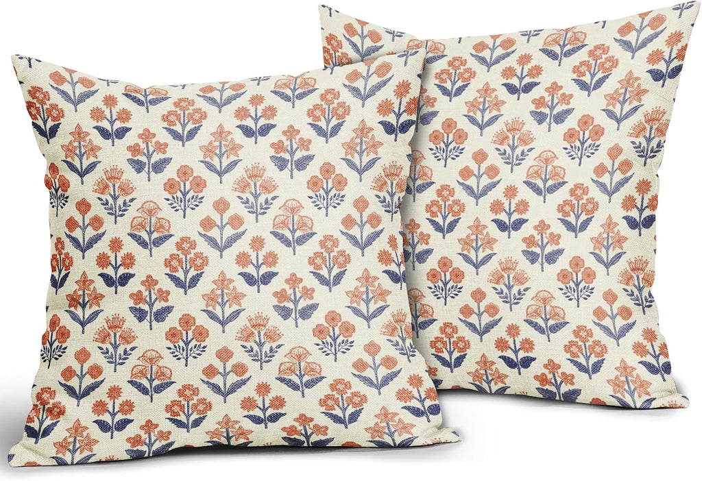 Navy Blue Orange Floral Block Print Pillow Covers 18x18 Inch Set of 2, Fall Vintage Flower Pattern Decorative Throw Pillowcases Outdoor…