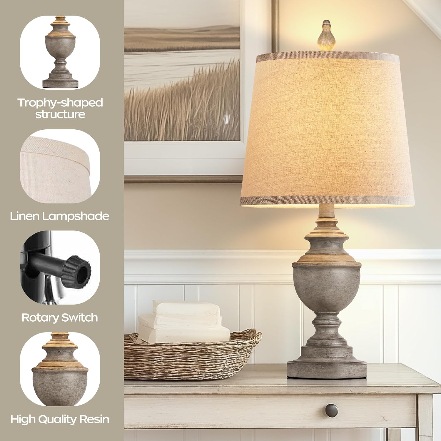 PARTPHONER Retro Table Lamps Set of 2, Bedside Lamp for Bedroom Rustic Farmhouse Table Lamps for Living Room, 22" Vintage Nightstand…