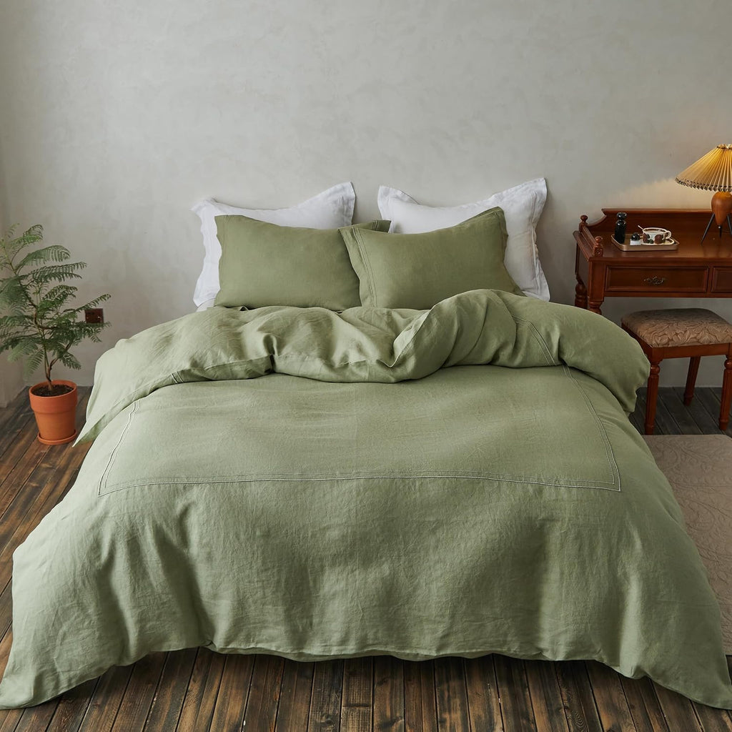 Simple&Opulence 100% Washed Linen Duvet Cover Set 88"x92" - 3 Pieces Soft Farmhouse Comforter Set Double Embroidered with Button Closure…