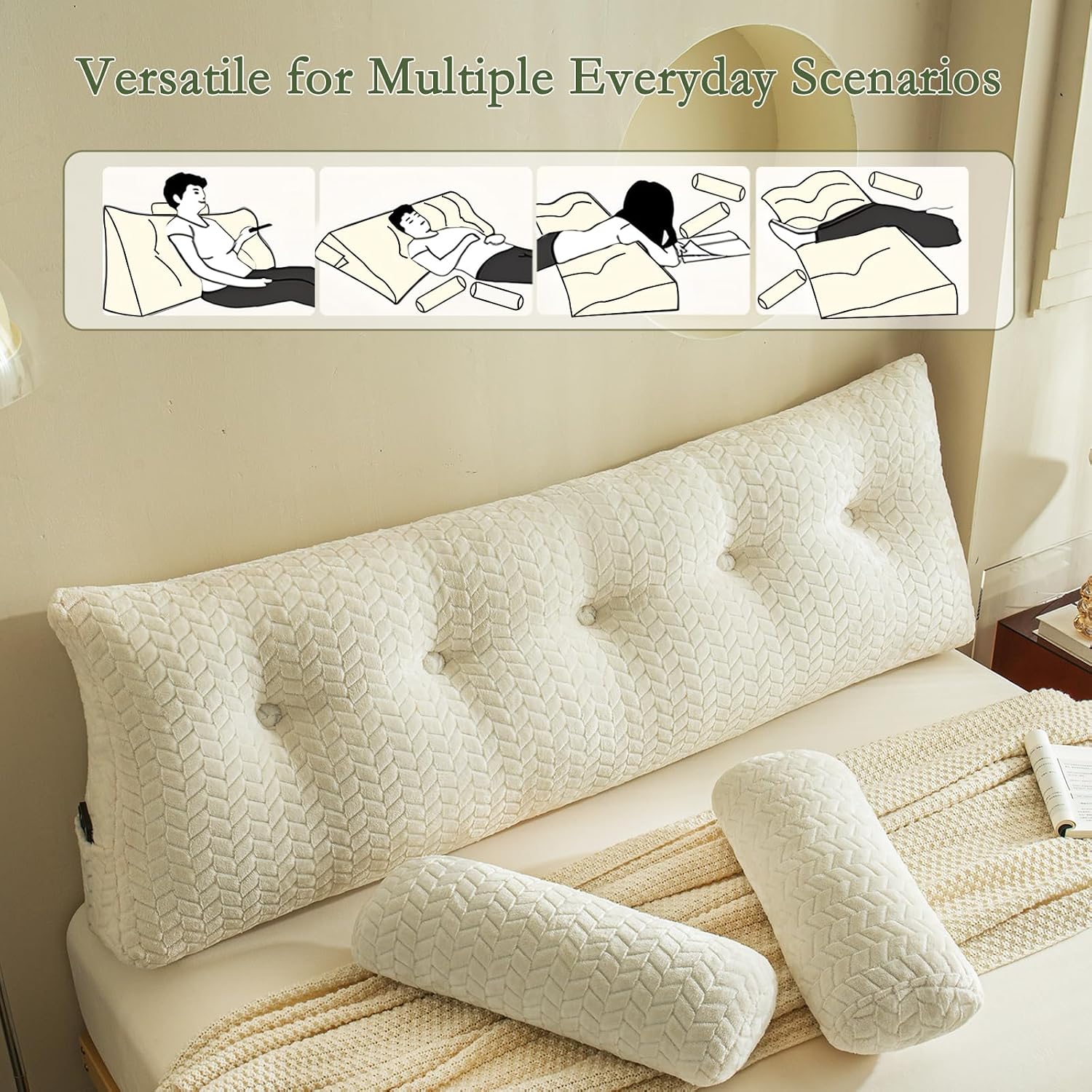 Yourmoon YOUR MOON Wedge Headboard Pillow Queen Size, Triangular Wedge Backrest Pillow with 1 Pack Neck Roll Pillows, Headboard Pillow for…