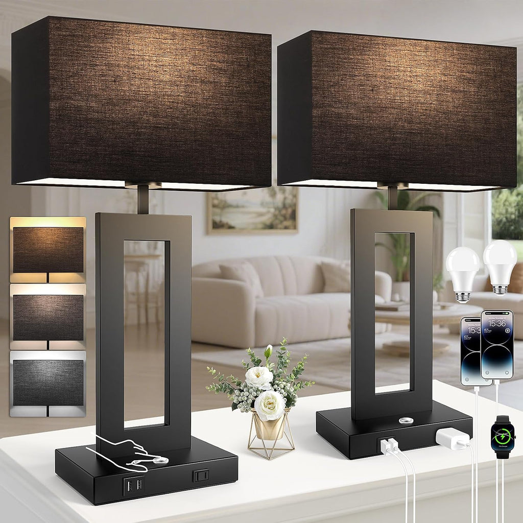 27.2’’ Tall Black Table Lamps for Living Room Bedroom, Bedside Touch Control Lamps with 2 USB Ports&AC Outlet, 3 Color Temp.&Stepless…