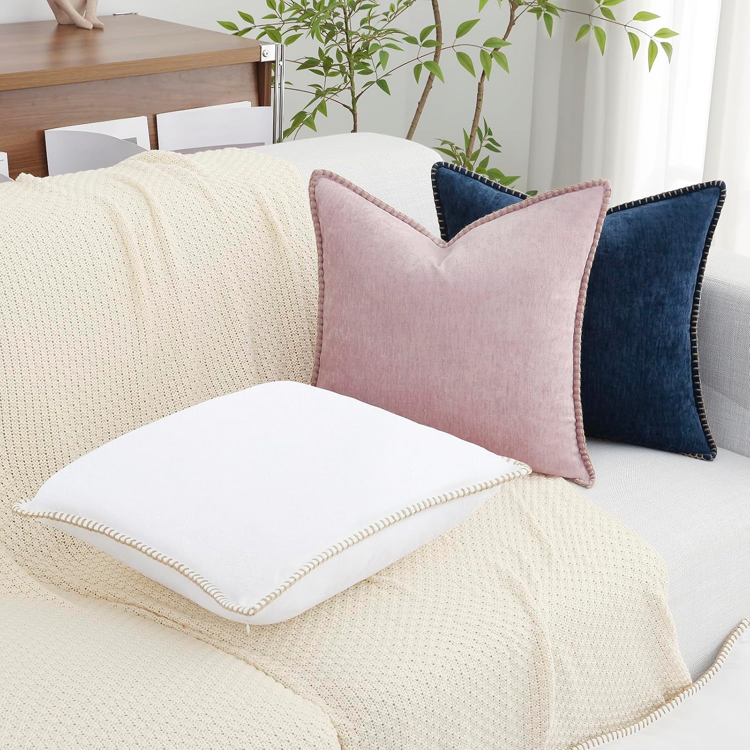 decorUhome Summer Chenille Soft Cozy Throw Pillow Covers 12x20 Set of 2, Modern Farmhouse Boho Velvet Decorative Pillow Cases with Stitched…