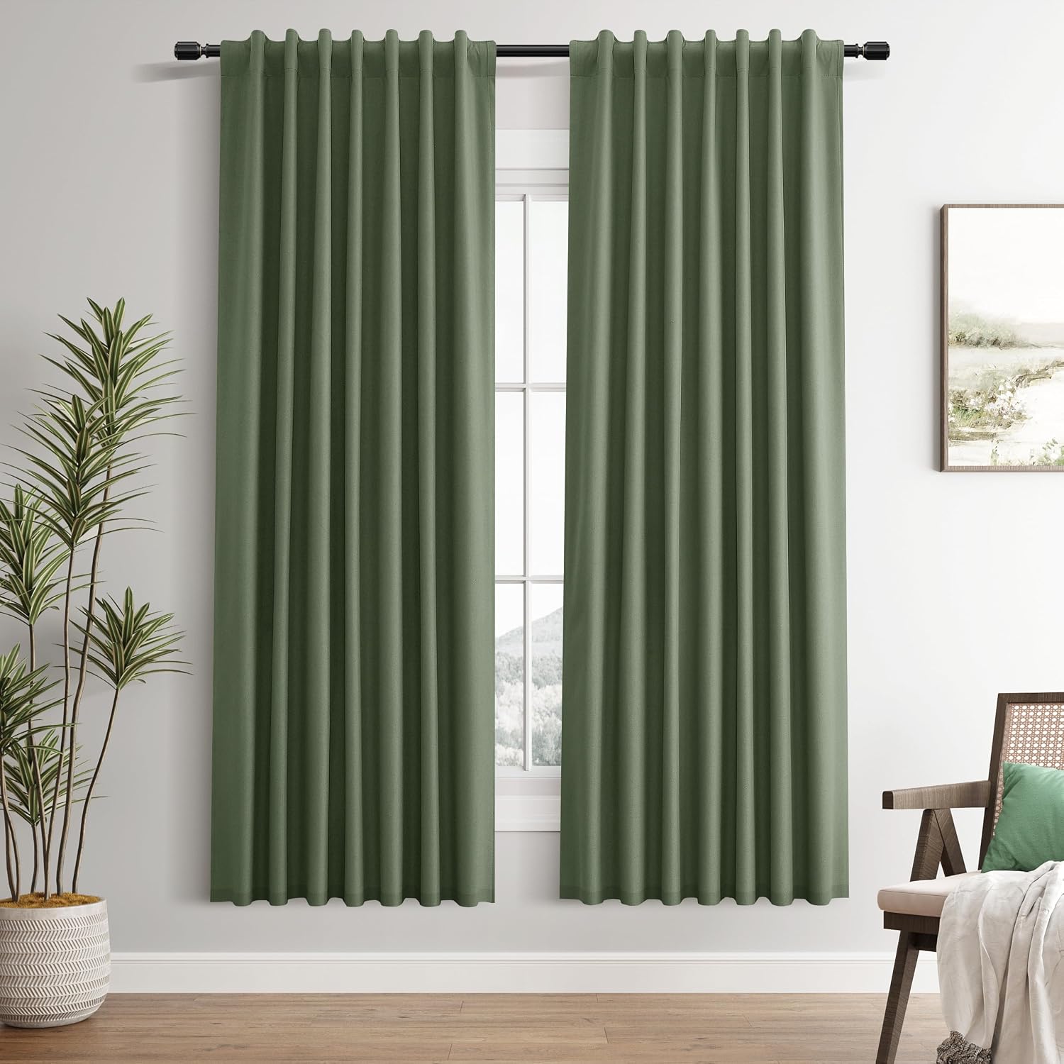 Guken Olive Green Linen 100% Blackout Curtains 72 Inches Long Back Tab Funky Textured Room Darkening Heat Blockingr Noise Reduction Curtain…