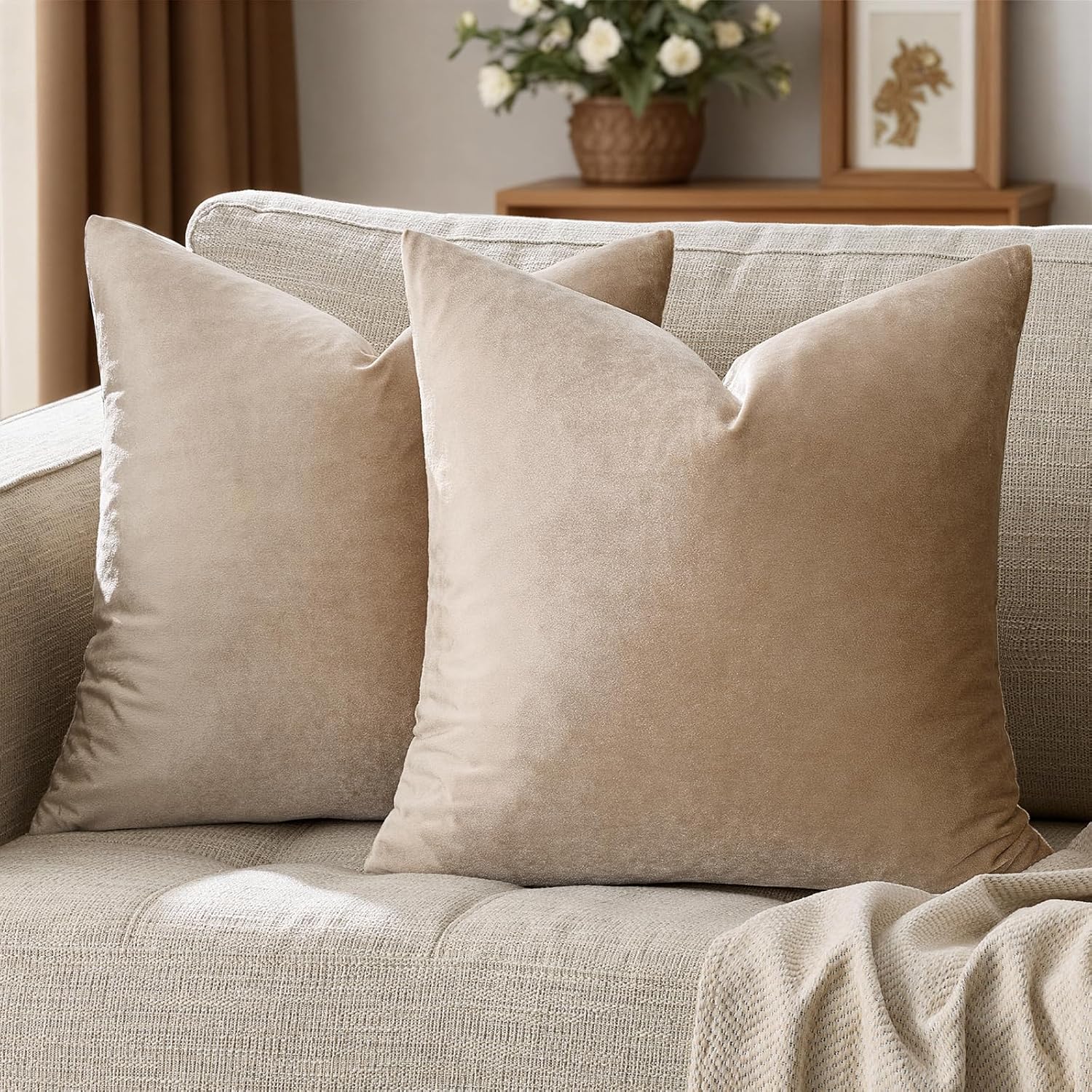 GIGIZAZAFocusingonhomedecoration GIGIZAZA Decorative Throw Pillow Covers 18x18, Set of 2 Taupe Square Couch Pillow Covers, Velvet Sofa Boho C…