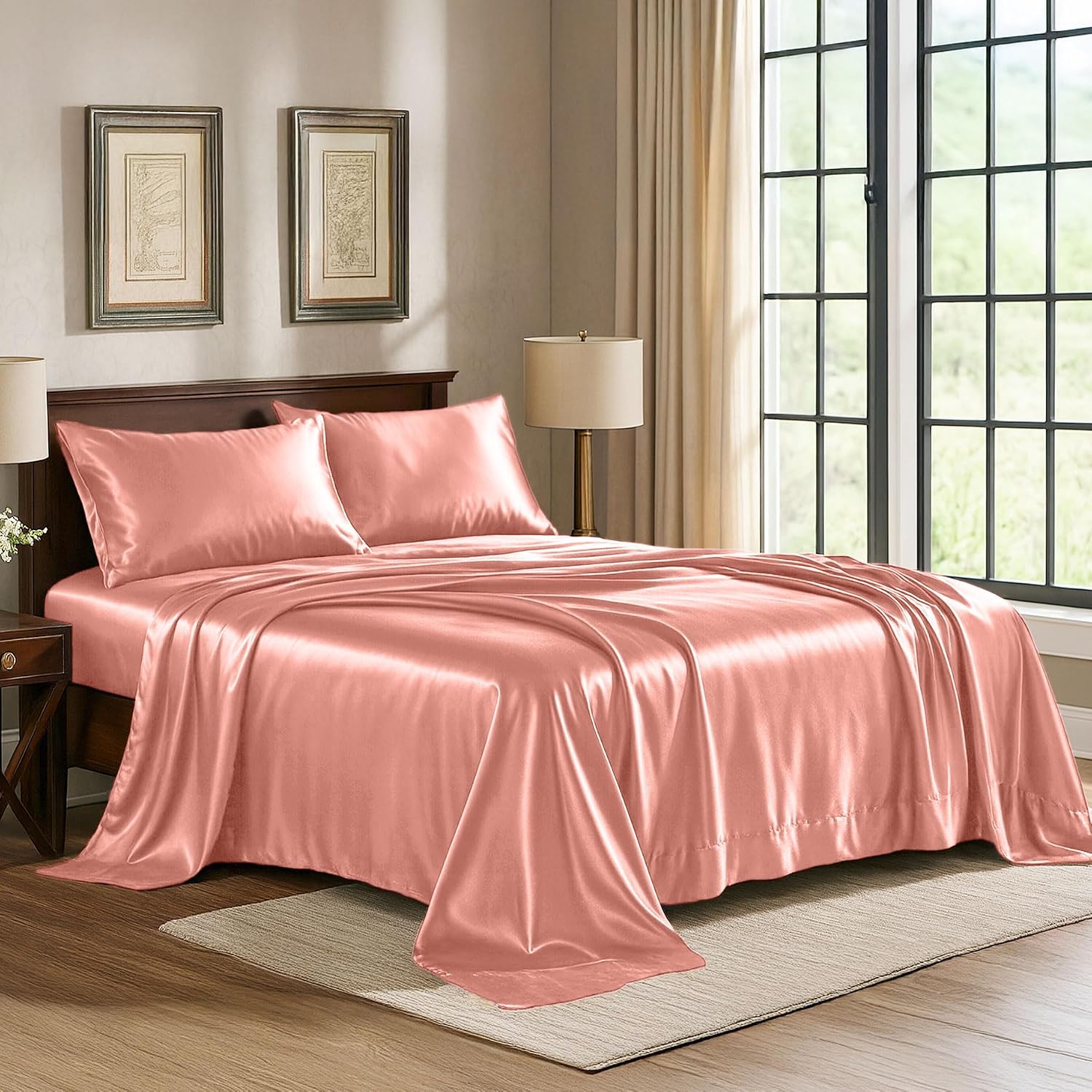 PureBedding Pure Bedding Satin Sheets Queen [4-Piece, Blush Pink] Hotel Luxury Silky Bed Sheets - Extra Soft 1800 Microfiber Sheet Set, Wri…