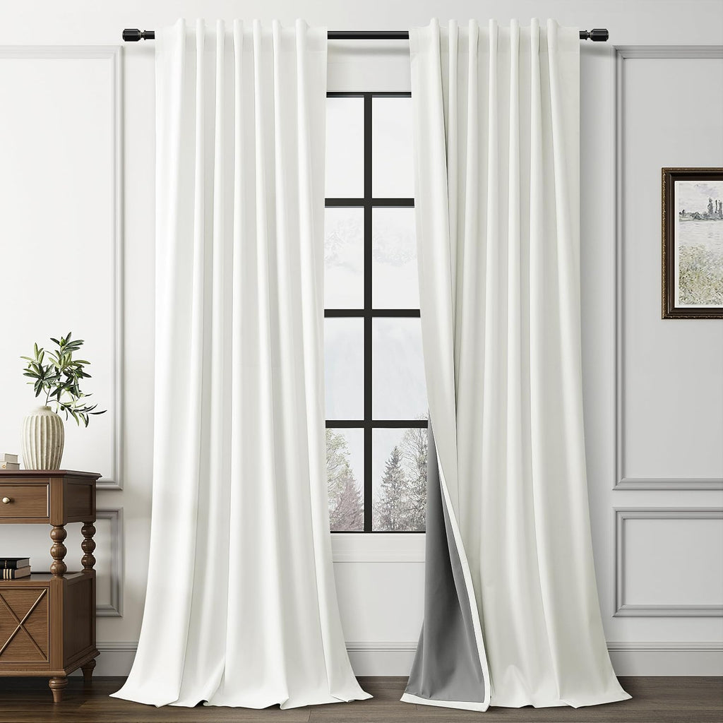 Guken Ivory Linen 100% Blackout Curtains for Bedroom 90 Inches Long 2 Panels Set Textured Hook Belt Light Blocking Thermal Insulated Soundp…
