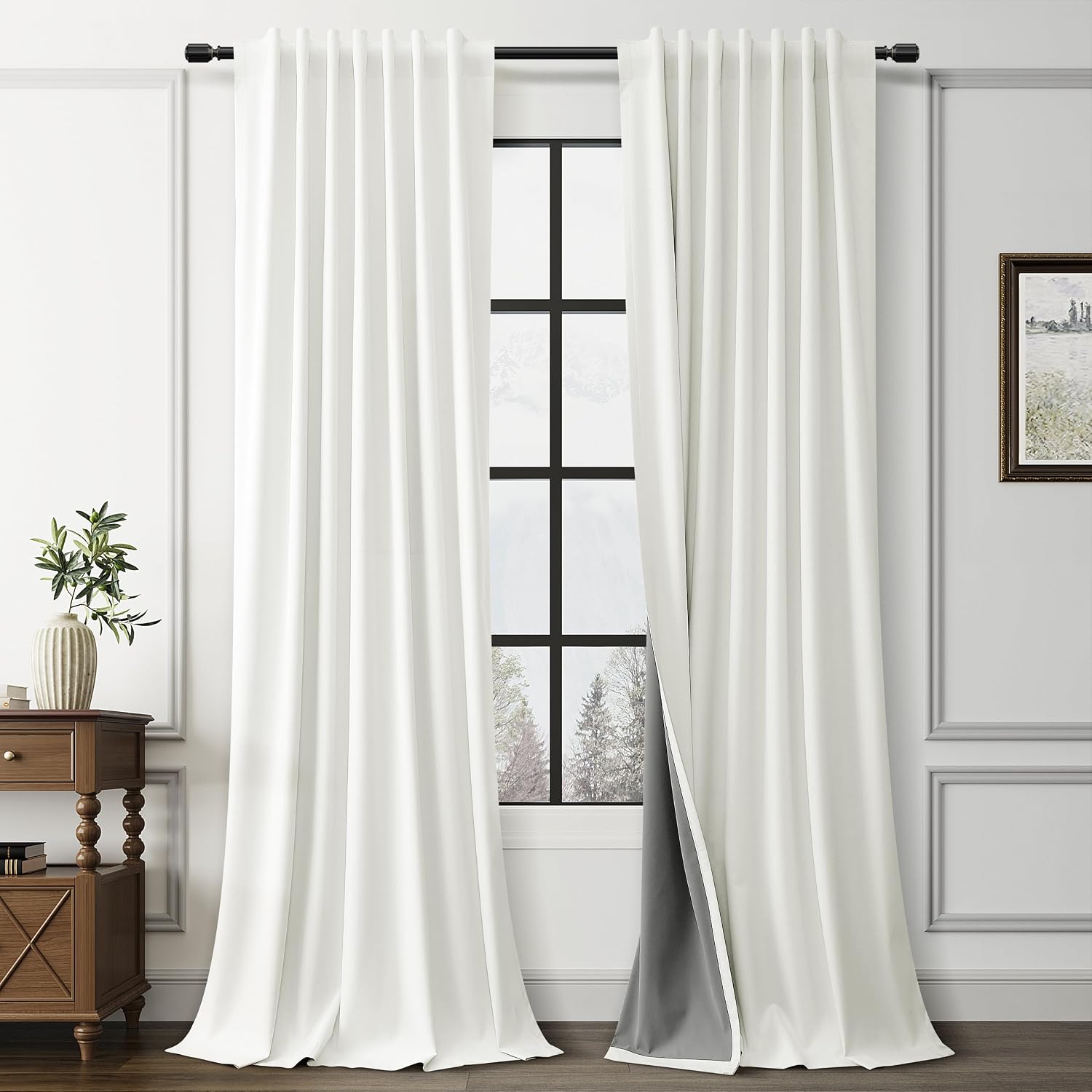 Guken Ivory Linen 100% Blackout Curtains for Bedroom 90 Inches Long 2 Panels Set Textured Hook Belt Light Blocking Thermal Insulated Soundp…
