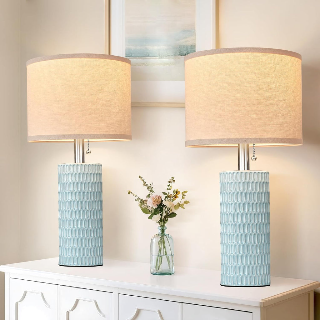 Reaketon 20.5" Modern Ceramic Table Lamps for Bedroom Set of 2, Bedside Lamps for Night Stands with Beige Lampshade, Farmhouse Table Lamp…